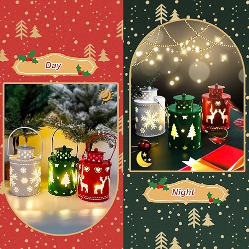 Miniatura 6 de YBB Juego de 3 linternas decorativas de Navidad, linternas de vela sin llama, operadas por batería, colgantes, de metal, con LED, para centro de