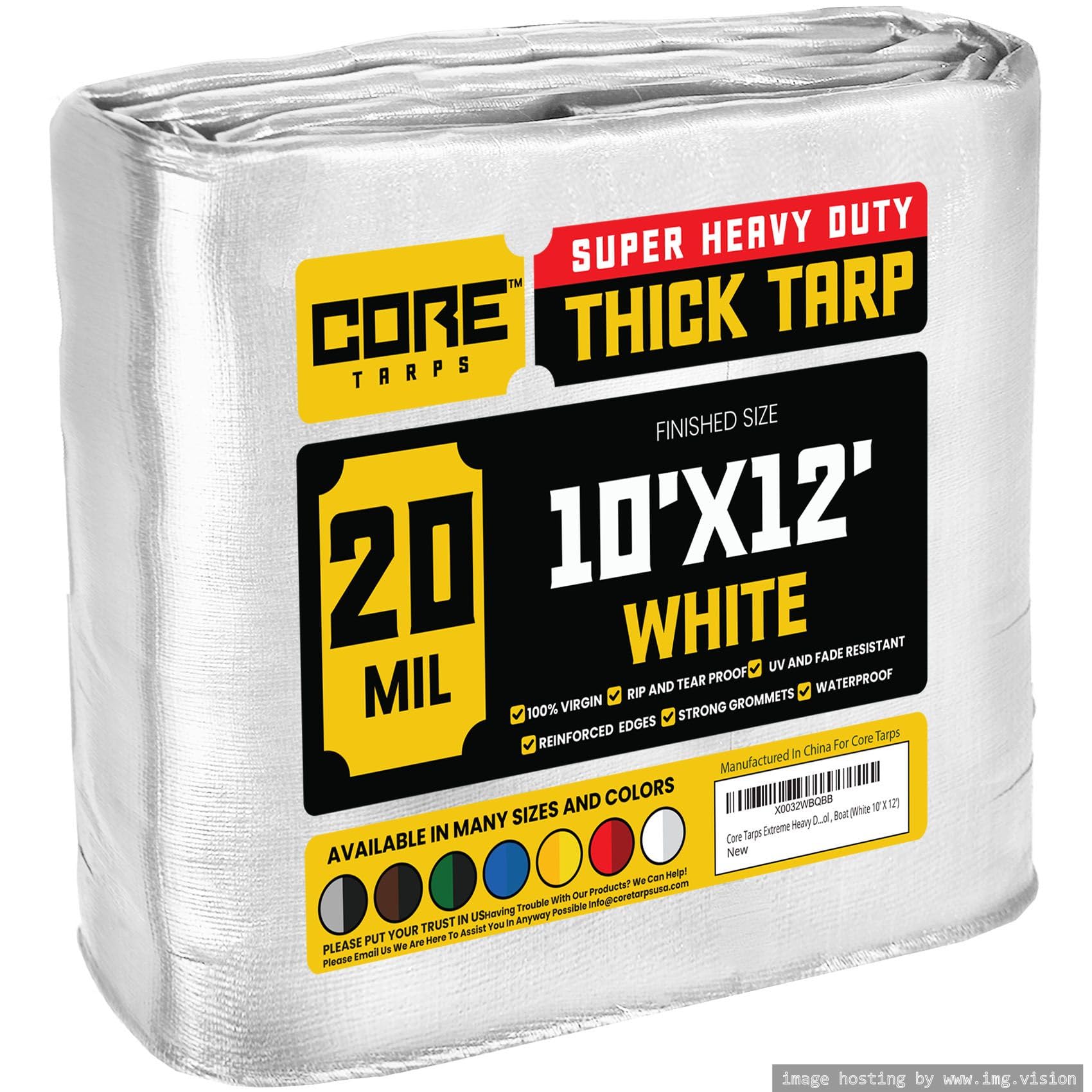 Core Tarps Extreme Heavy Duty 20 Mil Tarp Cover, Waterproof, UV Resistant, Rip and Tear Proof, Poly Tarpaulin with Reinforced Edges for Roof, Patio, Pool, Boat (White 10′ X 12′)