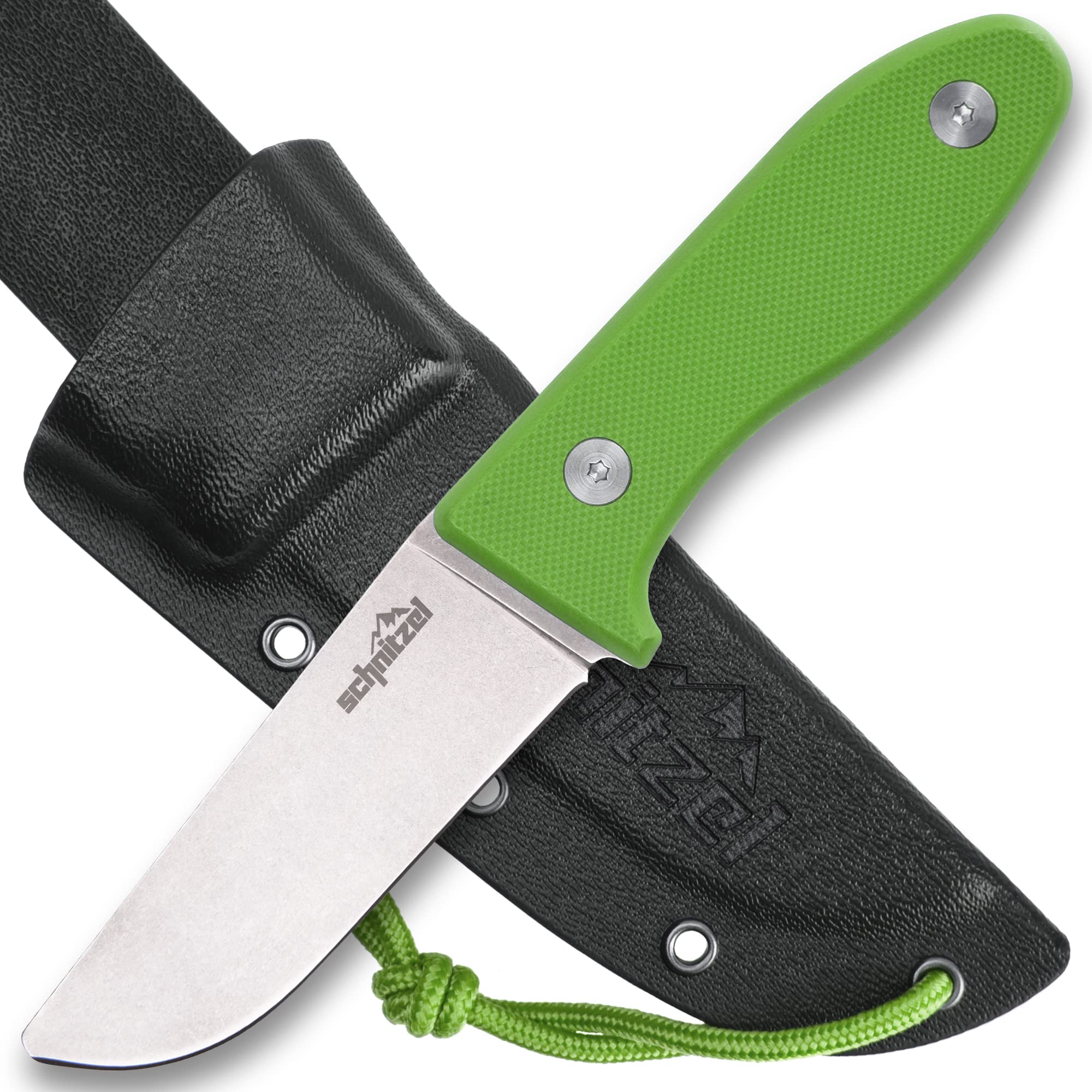 SCHNITZEL UNU, Kindermesser Schnitzmesser und Outdoormesser für Kinder, scharf mit Kydex Scheide und Gürtelhalterung, Grün