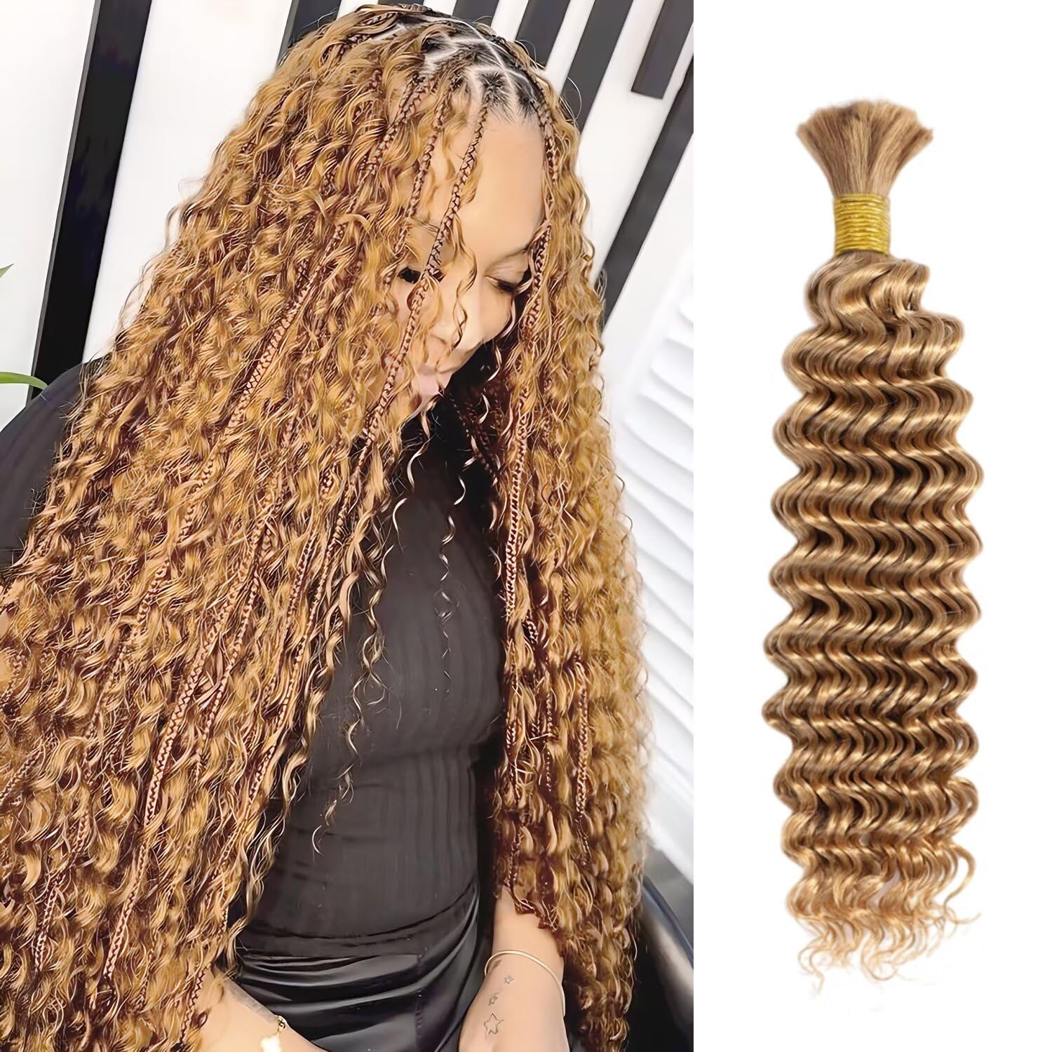 Blonde Braiding Hair 1 Bundle 50g 16 Inch Deep Water Wave Bulk Human Hair for Braiding Brazilian Virgin Curly Braiding Hair for Boho Braids Wet and Wavy Color 27 Honey Blonde Human Braiding Hair