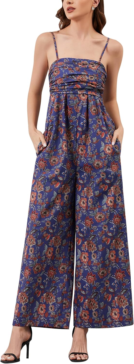 Spaghetti Strap Boho Wide Leg Jumpsuits for Women Summer Casual Sleeveless Long Rompers Trendy One Piece Outfits