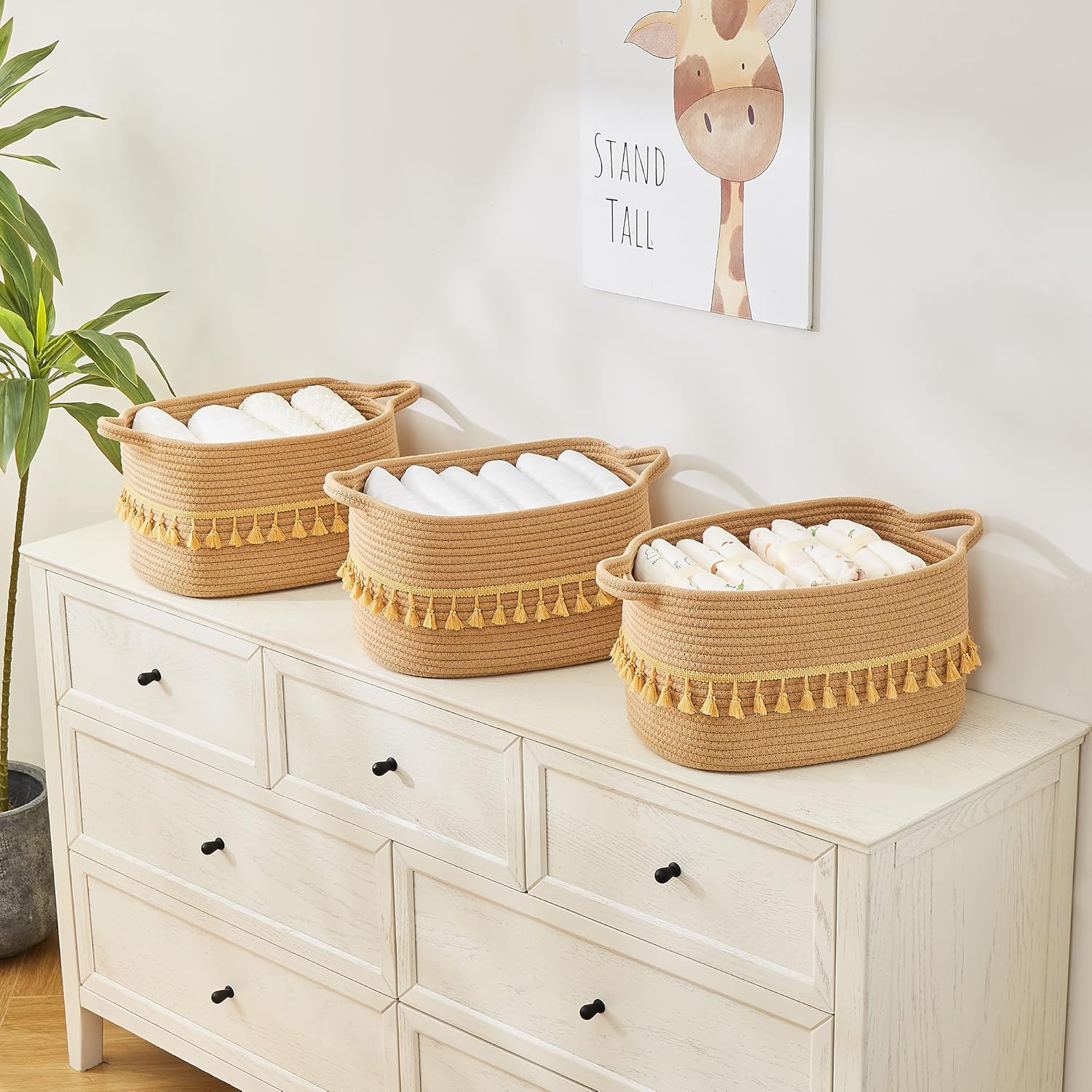 Cotton Rope Storage Bins Woven Baskets 3 Pack with Handles for Toys/Shelves/Laundry, Rectangle Multi-Purpose Organizer for Living Room, Bedroom, Nursery, Brown