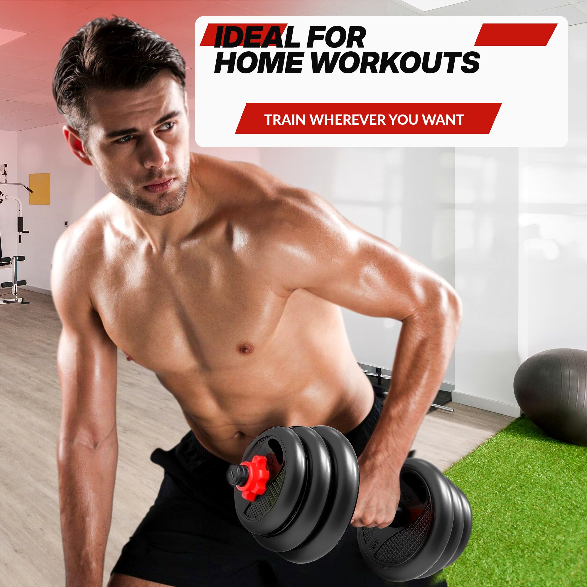 20 kg, kit per sollevamento pesi 5 in 1 con barra lunga, kettlebell, ruota addominale e manici pompe, set pesi per sport domestici, principianti e confermati, nero