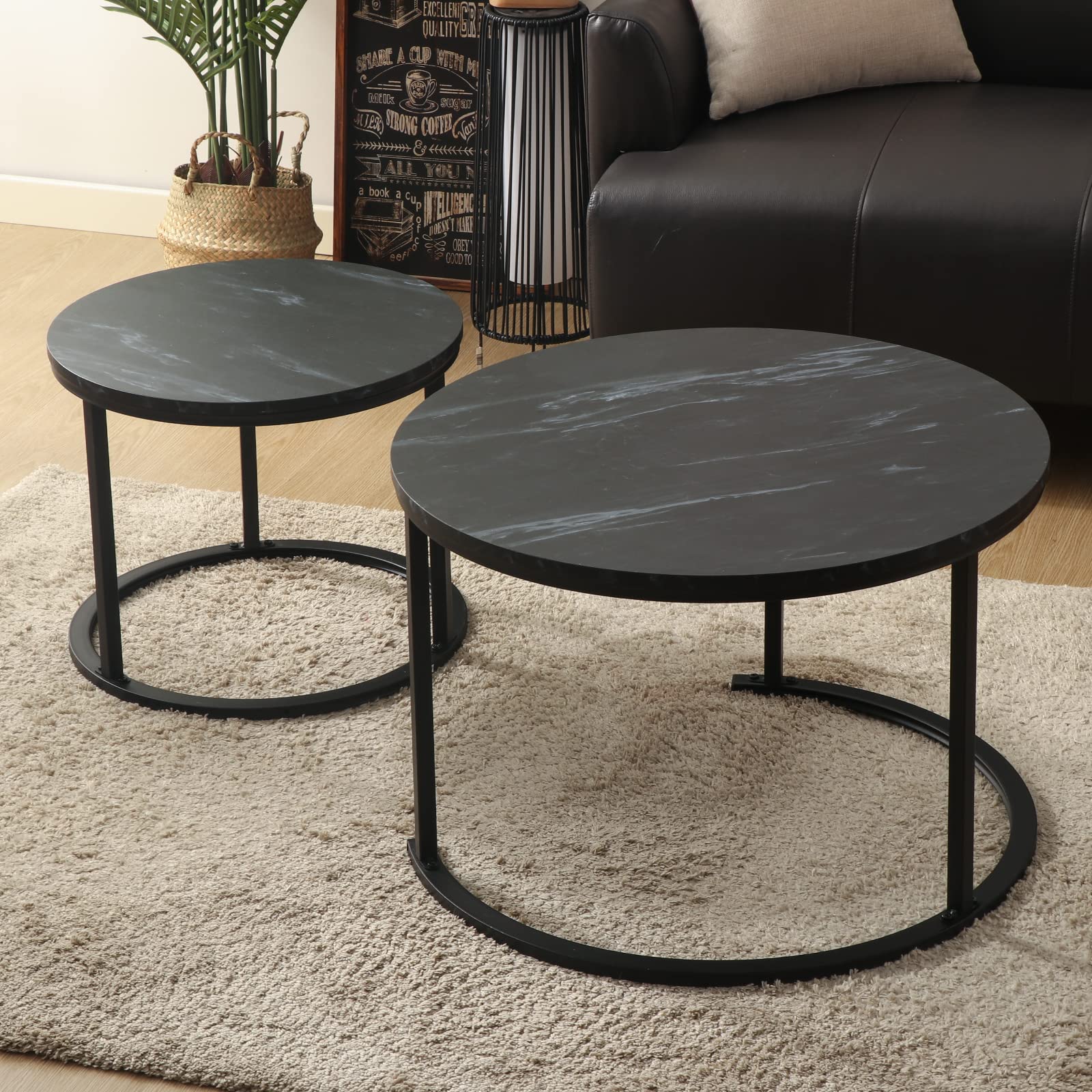 BIGTREE Tavolino rotondo, set da 2 pezzi, tavolino da salotto in legno, moderno, tavolino con struttura in metallo, per soggiorno, balcone, ufficio (Nero)