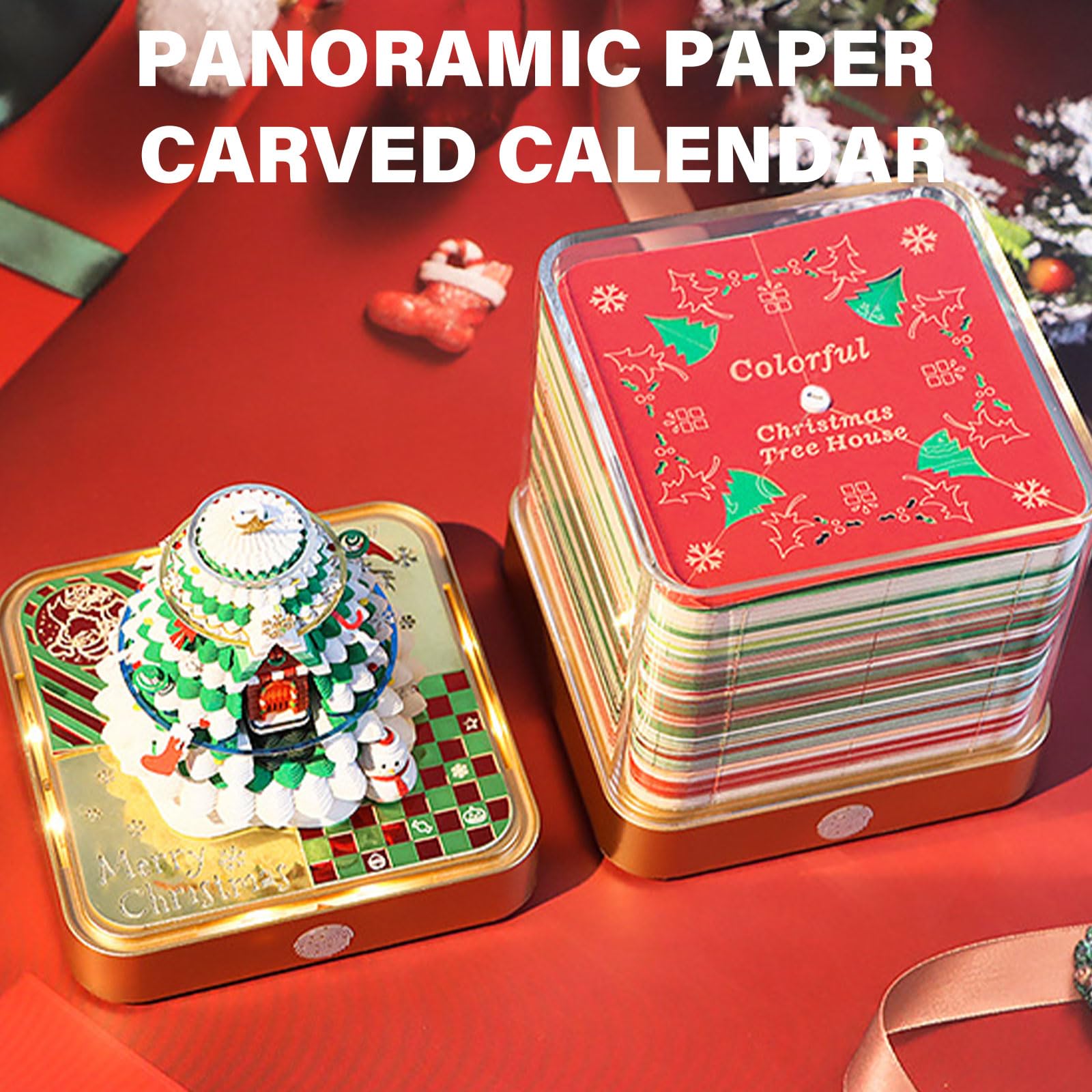 Tischkalender 2025 mit LED Licht, dekorativer und praktischer Notizblock, handgefertigte Papierskulptur, Notizblöcke, Zubehör, Weihnachtsbaum Tischkalender