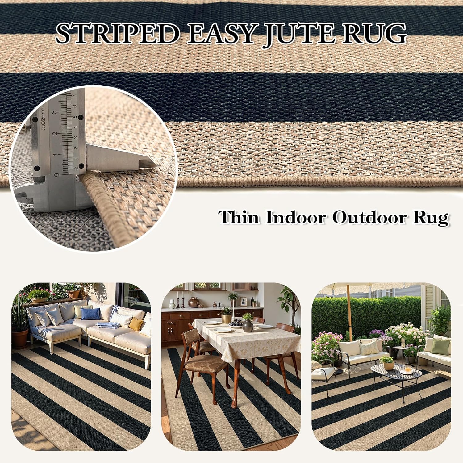Lahome Elance Striped Easy Jute Dining Room Rug, 6x9 Indoor Outdoor Rugs for Patio Living Room, Farmhouse Neutral Non Slip Low Pile Black Carpet for Bedroom Office Backyard Classroom