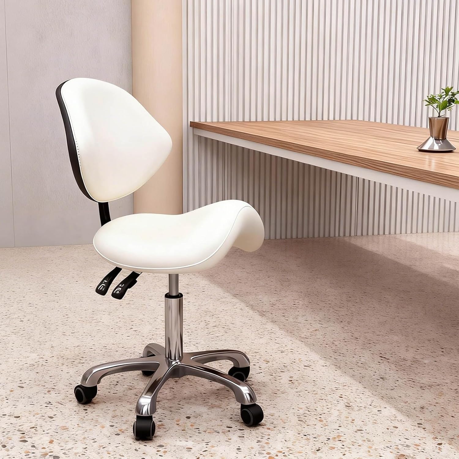 Adjustable White Saddle Salon Stool - Hydraulic Gas Lift Rolling Chair for Healthy Back Support, Ergonomic Swivel Chair for Beauty & Salon Use