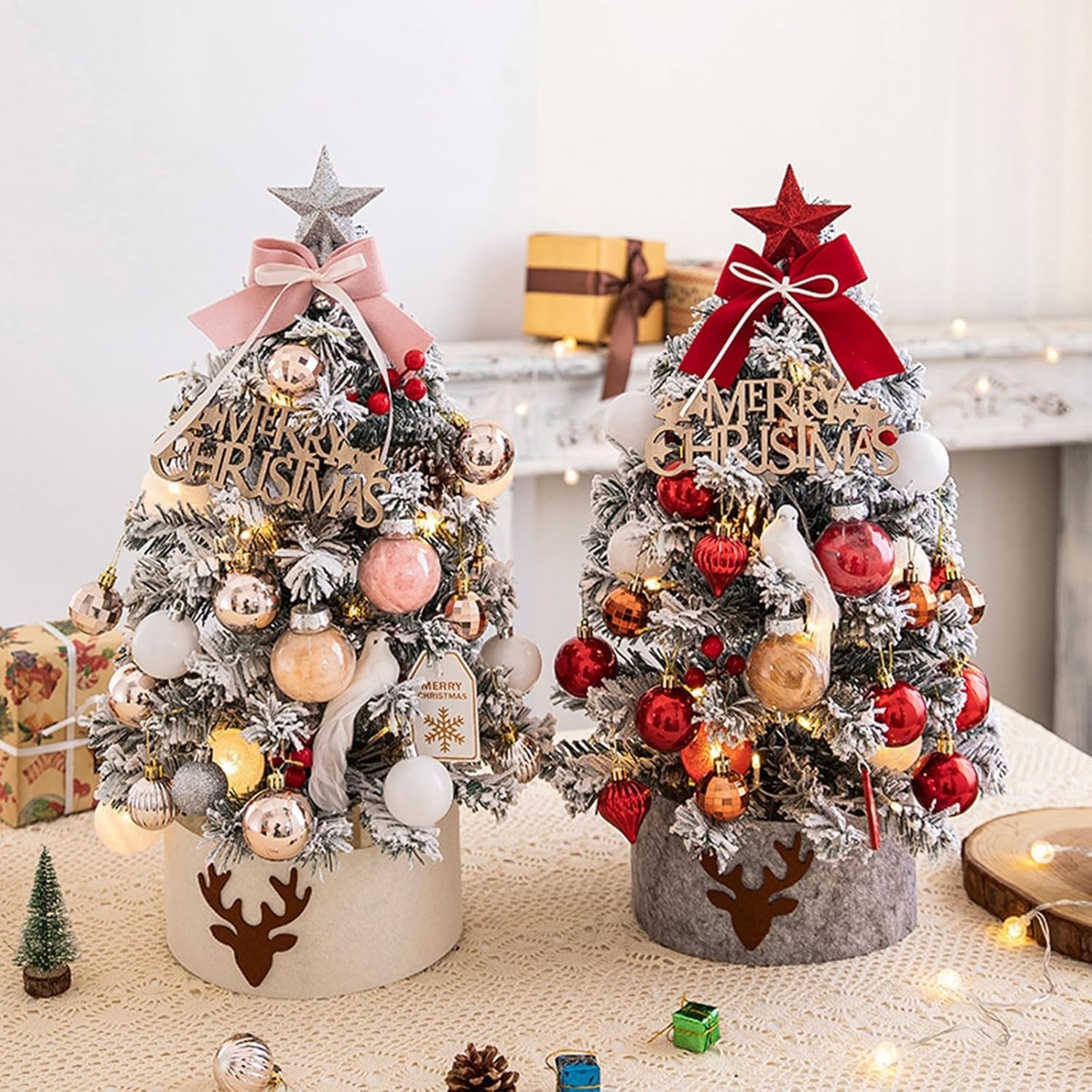 Mini Sapin de Noël Artificiel floqué de 61 cm, Sapin de Table avec décorations suspendues for la décoration de la Maison Pendant Les fêtes. Plantes artificielles(Grey)