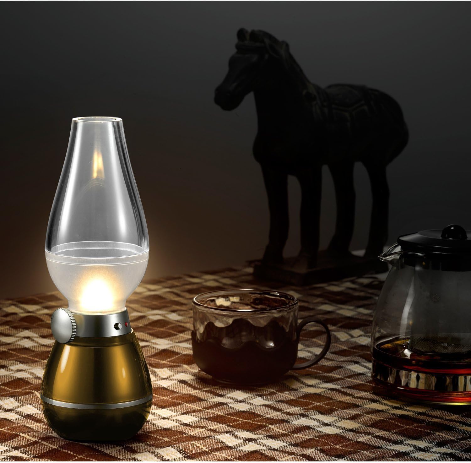 Rechargeable Dimmable Table Lamp Blowing to Turn ON/Off - Cordless, Innovative Kerosene Oil Lamp Design(Gold)