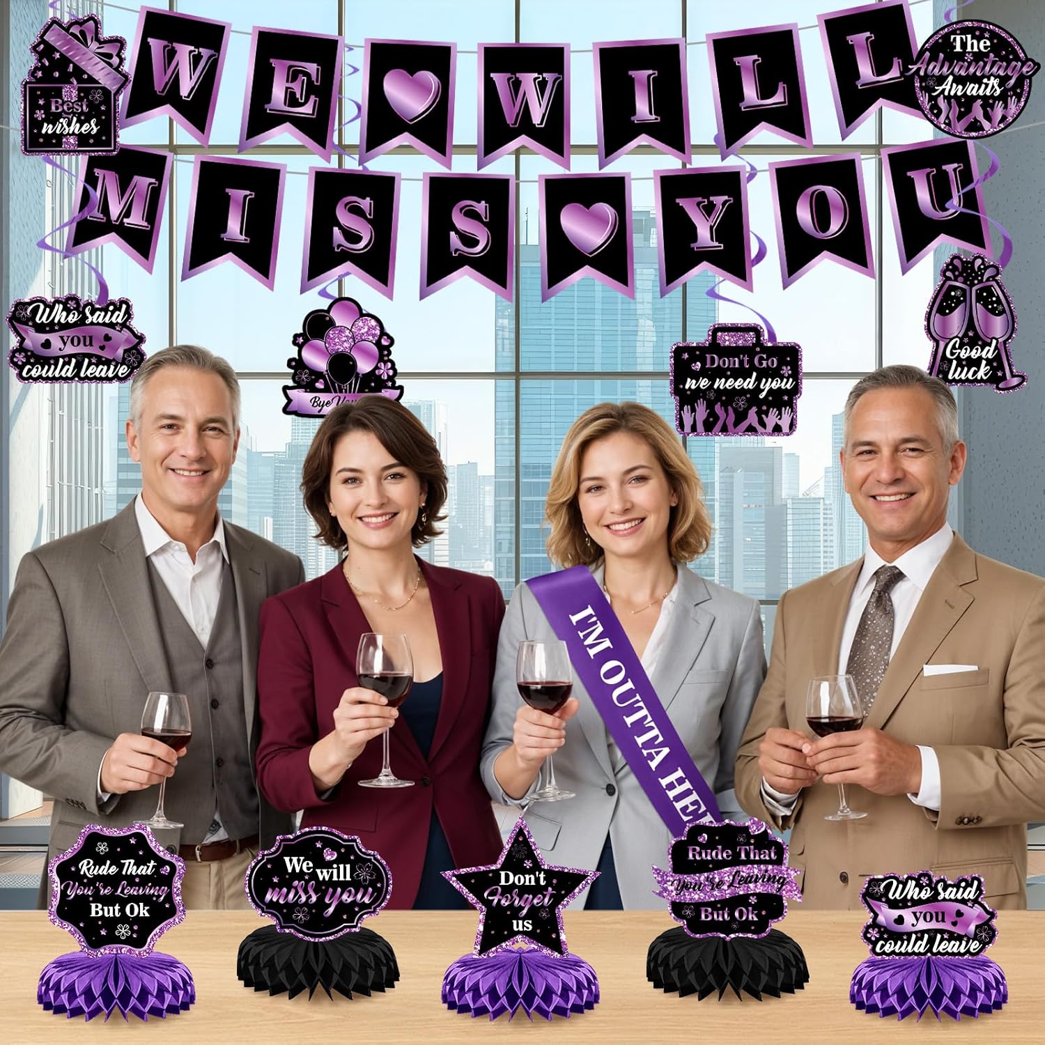Purple Black Farewell Party Decorations We Will Miss You Rude That You're Leaving But Ok Banner Honeycomb Centerpiece Hanging Swirls for Coworker Employee Leaving Goodbye Going Away Party Supplies