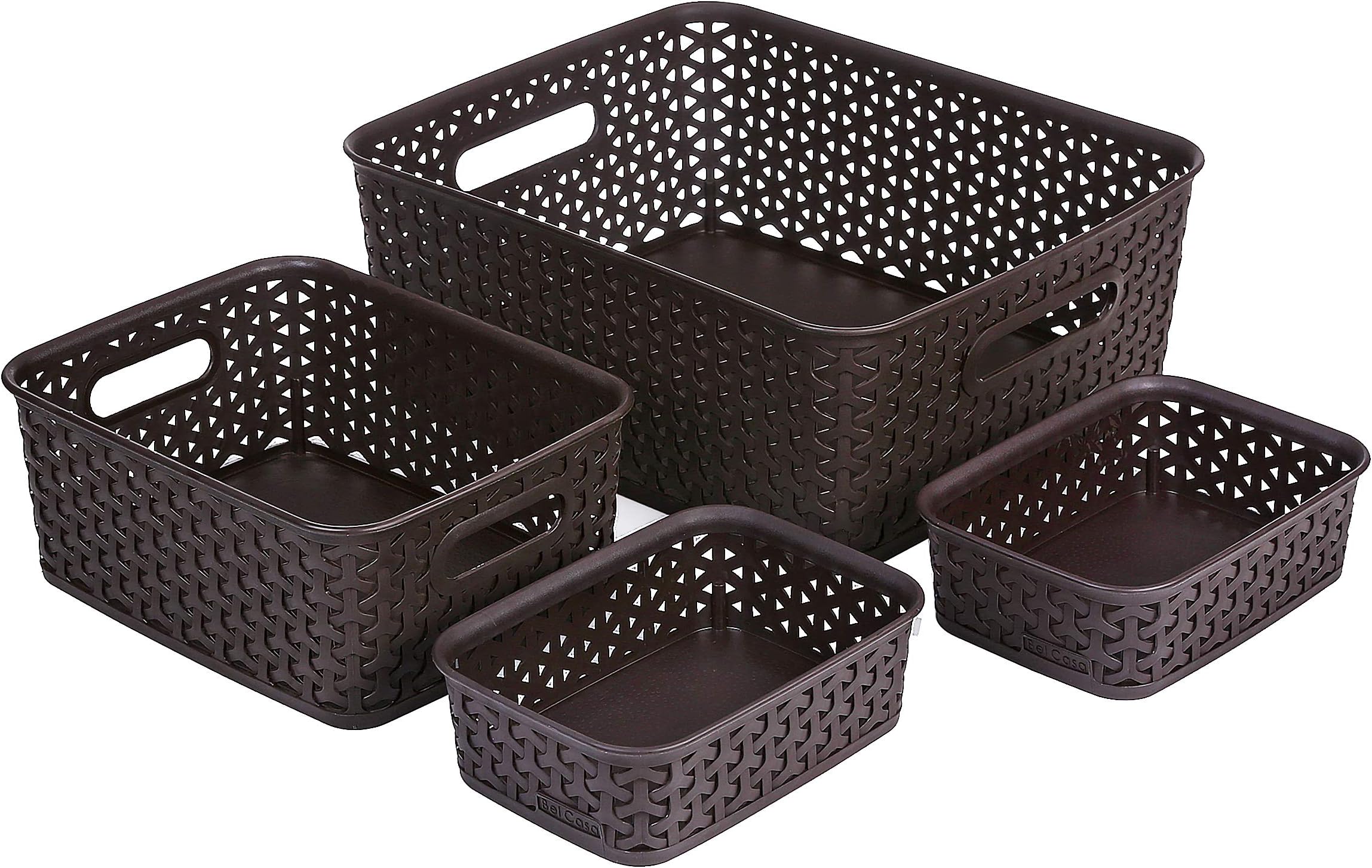 Bel Casa Plastic Royal Rectangular Baskets For Storage (Brown, Medium, Small And A6 X 2) - Set Of 4 Pieces