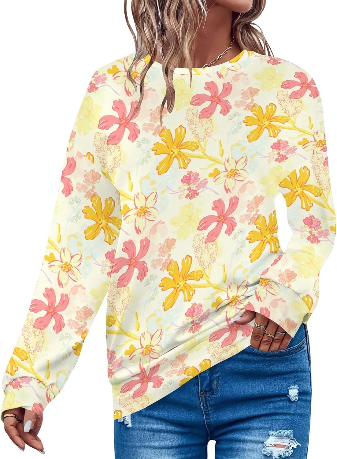 Floral Sweatshirt Long Sleeve Crewneck Pullover Fall Cute Trendy Comfy Qutfits Over...