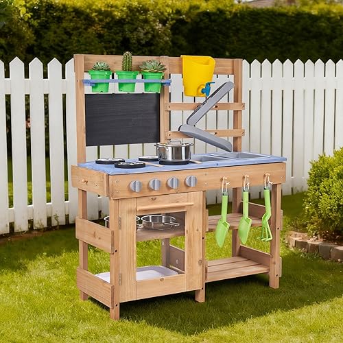 Miniatura 8 de VEVOR Mud Kitchen, Outdoor Mud Kitchen for Kids, Wood Outdoor Play Kitchens with Stoves, Hooks, Sinks, Planting Shovels, Spatulas, Handle, Cookware
