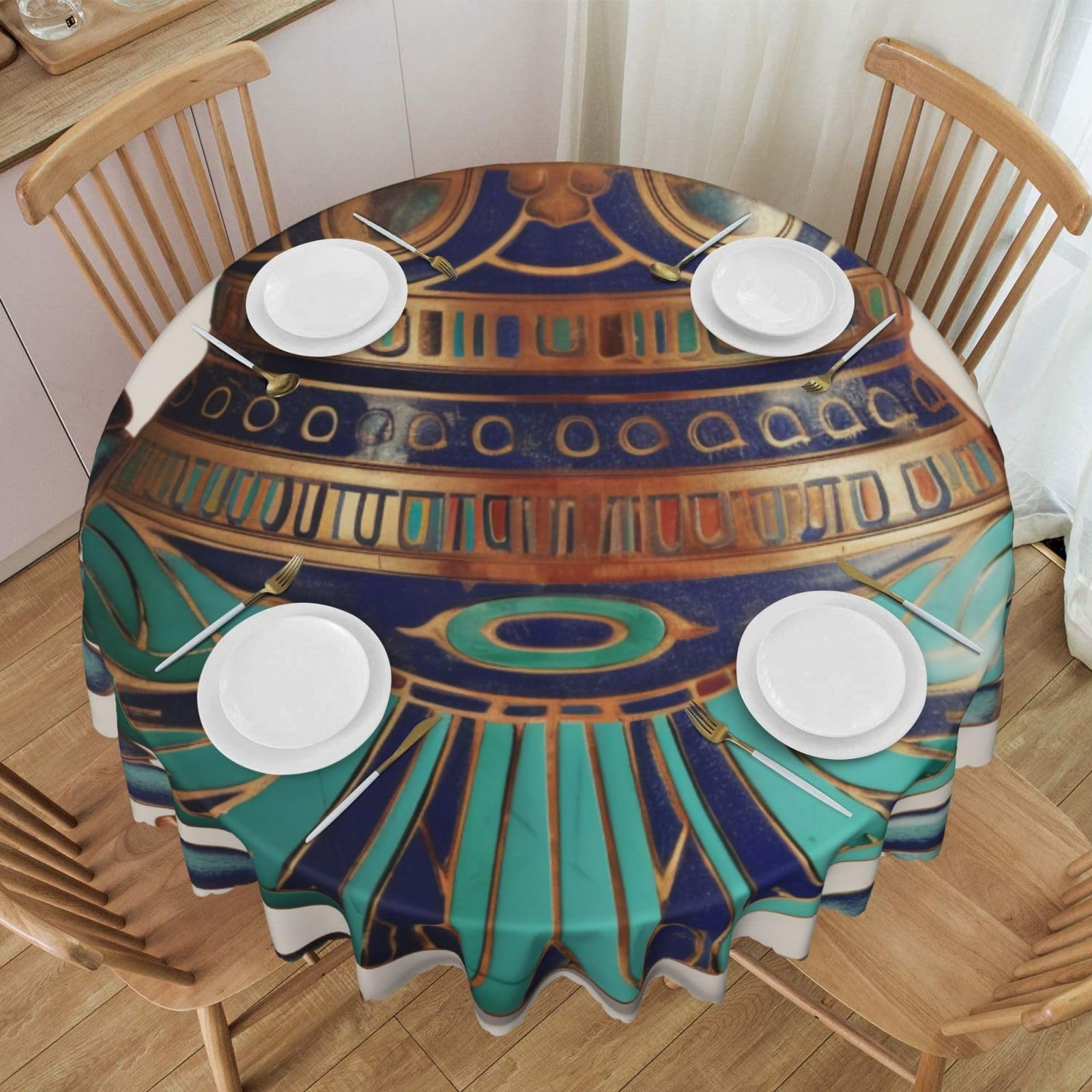 WPKJU Egyptian Scarab Printed Round Tablecloth 60 Inch with Lace Trim, Water-Resistant Washable Table Cover for Farmhouse Weddings, Outdoor Picnics & Holiday Dining