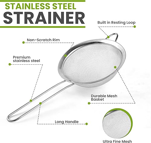 Miniatura 10 de Kafoor Colador grande de malla fina de 8 pulgadas con mango de goma termoplástica - Tamiz de malla fina de acero inoxidable - Ideal para colar