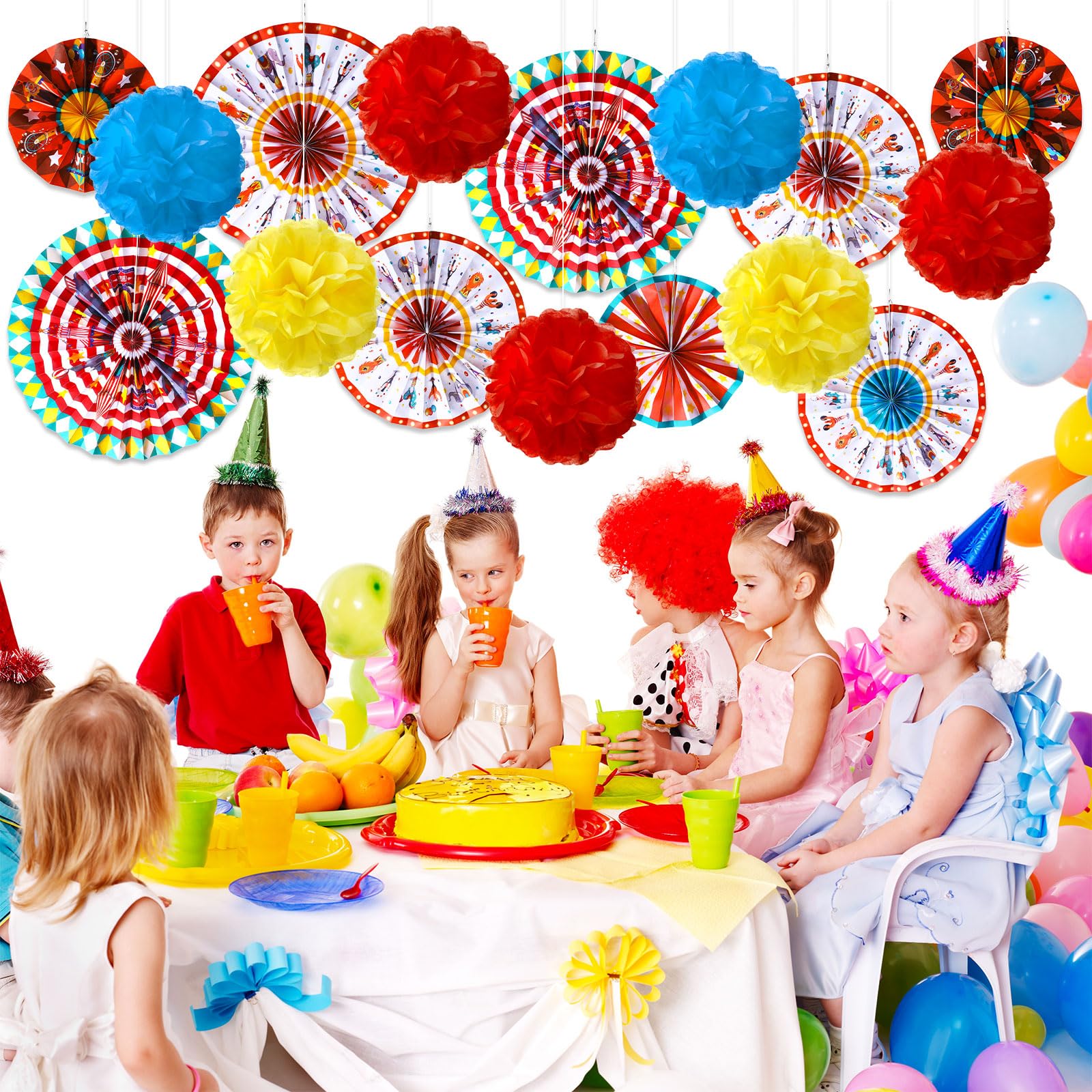 Outus 21 piezas de decoraciones de fiesta de carnaval con abanicos de papel colgantes de circo, rojo, amarillo, azul, pompones de papel, flores de papel para techo, pared, carnaval, tema de circo,