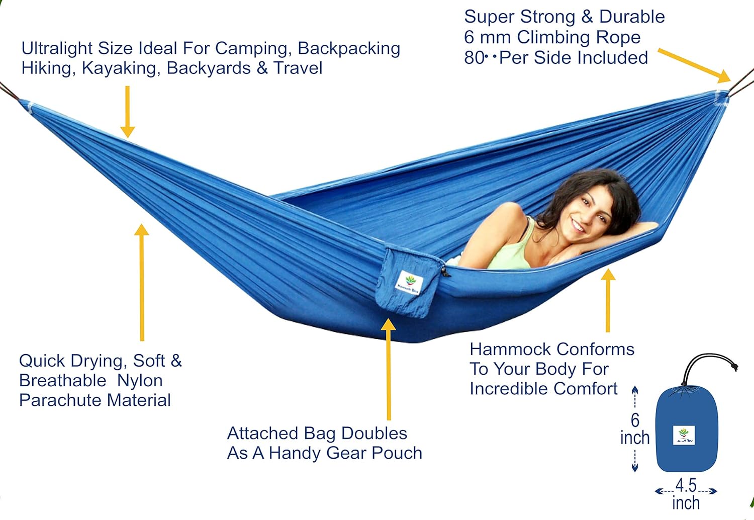 Hammock Bliss Ultralight - Lightweight Compact Portable Camping Adventure Hammock - Quality You Can Trust - 80" / 200 cm Rope Per Side Included - Only 13 oz / 380 Grams (Blue)