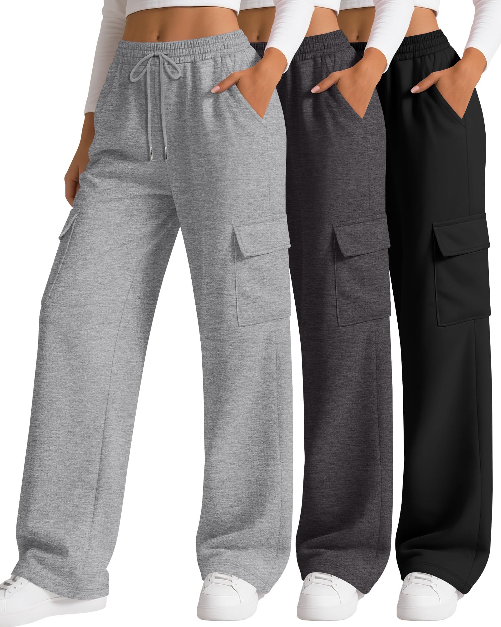 Neer 3 Pack Womens Cargo Sweatpants Wide Leg Baggy Loose Elastic Drawstring Pants Casual Athletic Joggers with 4