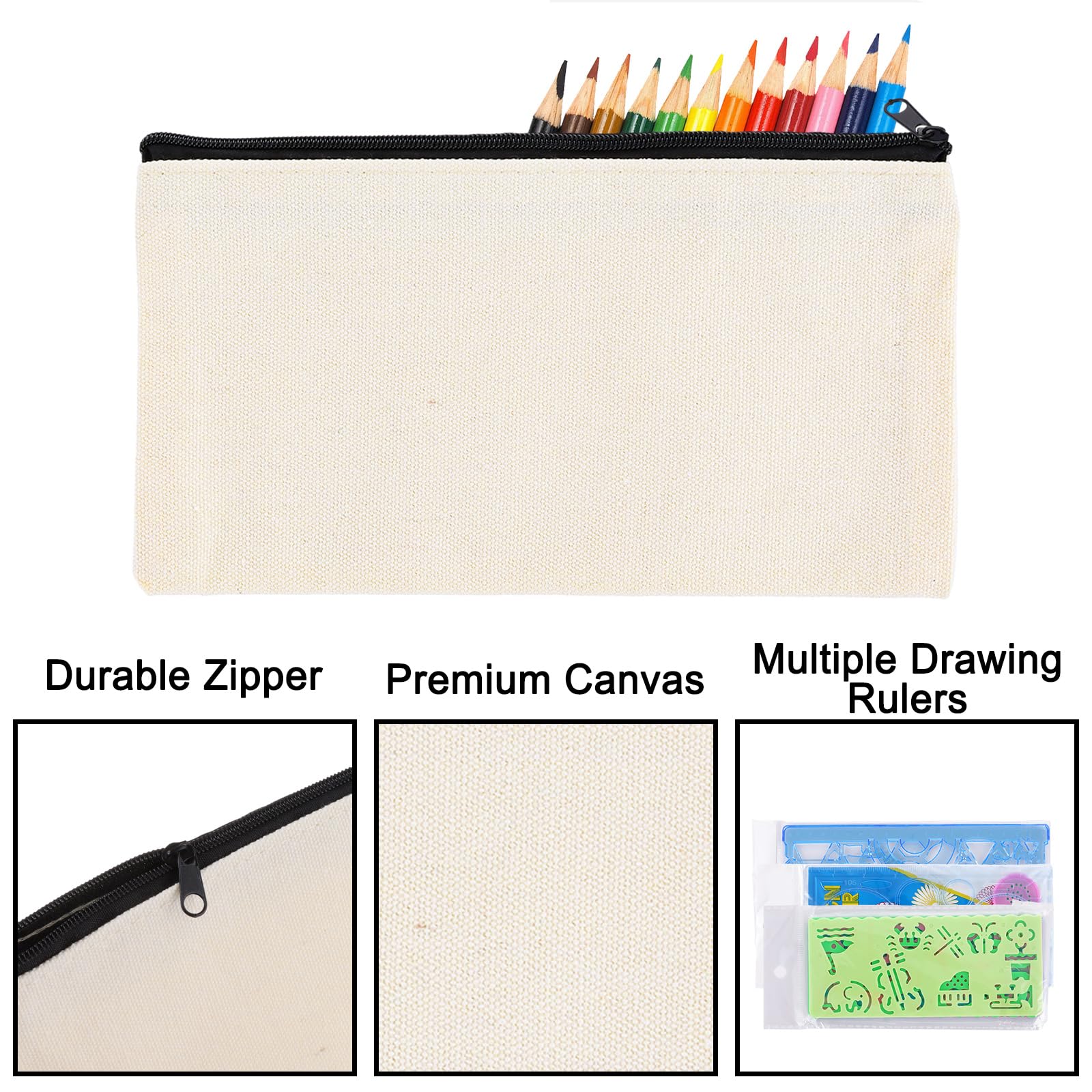 WOPPLXY 30PCS Blank Canvas Pencil Case, Fabric Pencil Case with Zipper, Canvas Zipper Pouch with for Painting, DIY, Makeup Cosmetic, School and Office - with doodle templates set of 6 - Image 3