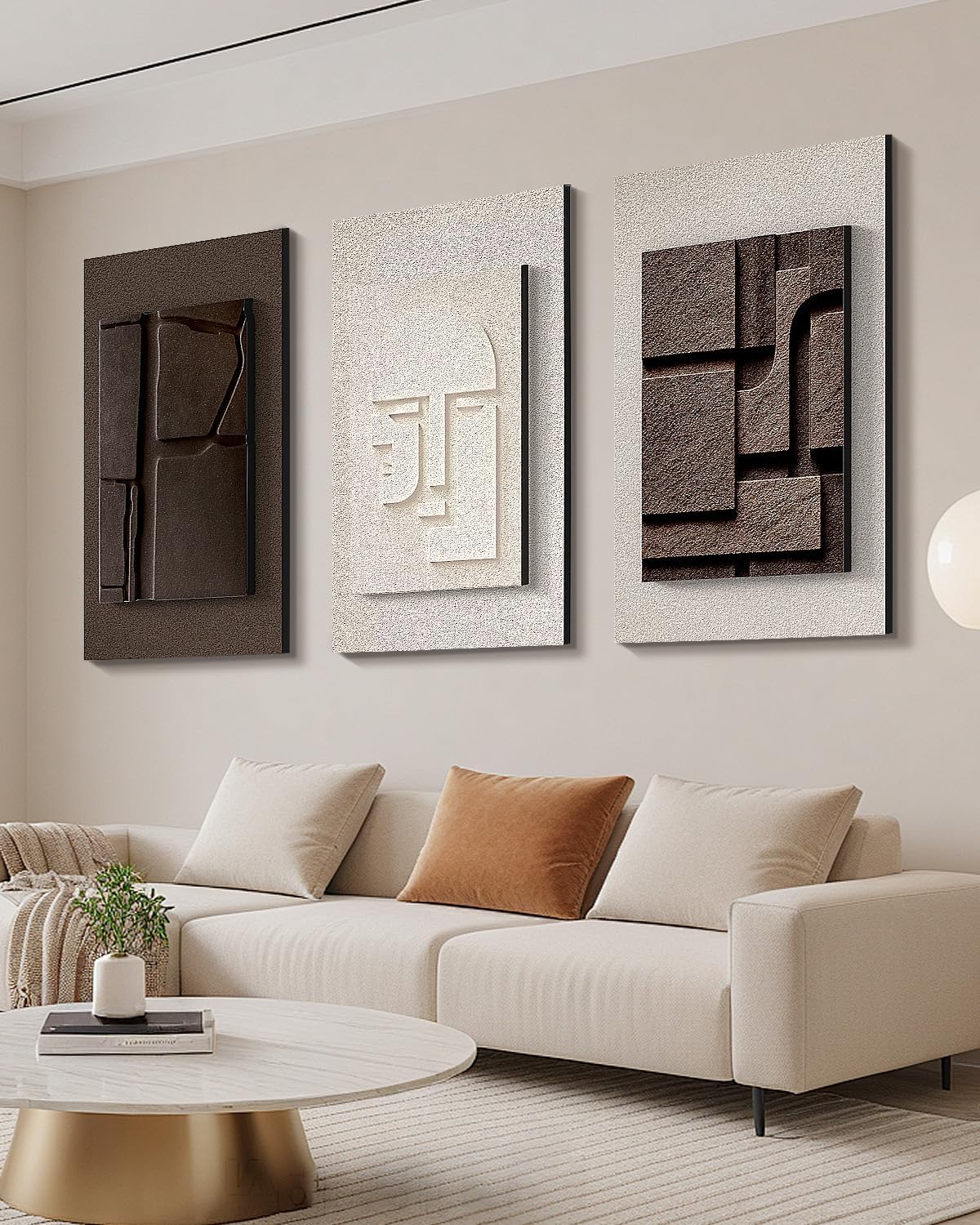 Azartslr Abstract Textured Wall Art, Modern Black White Sandstone Wall Decor For Living Room, Brown Minimalism 3piece Home Bedroom Art Painting, Geometric Artwork Dining Room Pictures Decoration