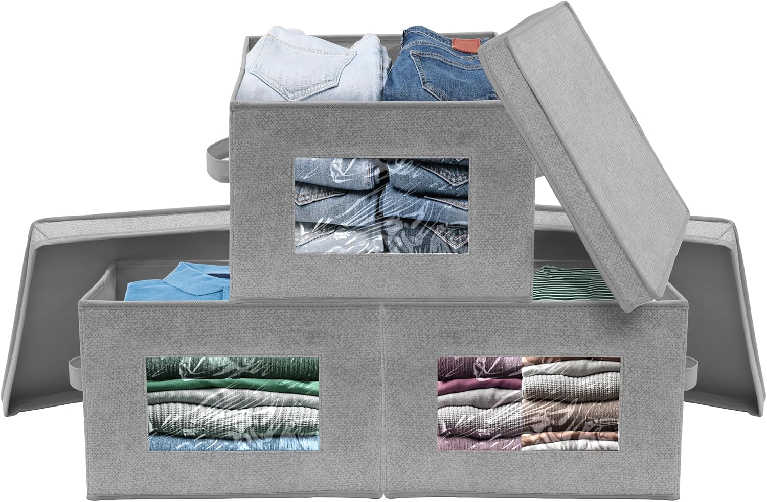 Simple Houseware Contenedor de almacenamiento con ventana transparente, asas y tapa, paquete de 3, color gris