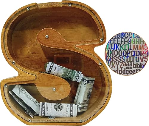 Miniatura 249 de Alcancía para niños y niñas, alcancía grande de madera personalizada con diseño recortado, bancos de monedas con letras del alfabeto, caja de ahorro