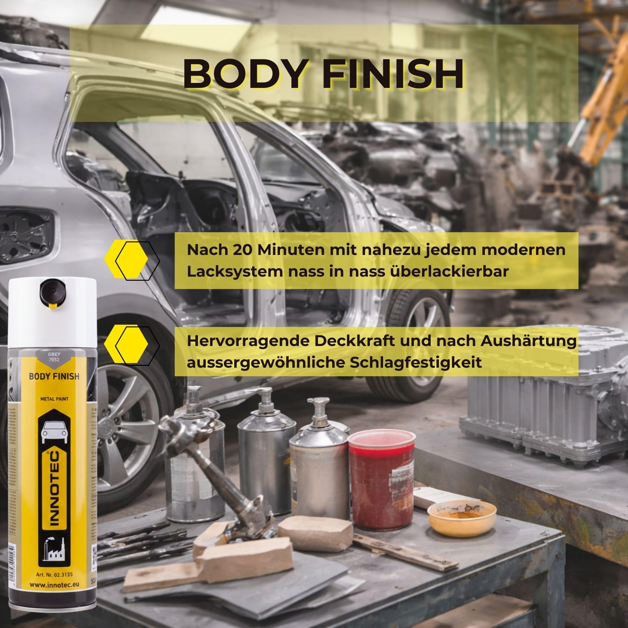 2 Stück INNOTEC Body Finish 500 ml Grau – 1K-Acryl-Premium Grundierlack für das Lackieren von reparierten oder ersetzten Blechteilen an PKW, LKW & Maschinen – korrosionsschützender Reparaturlack