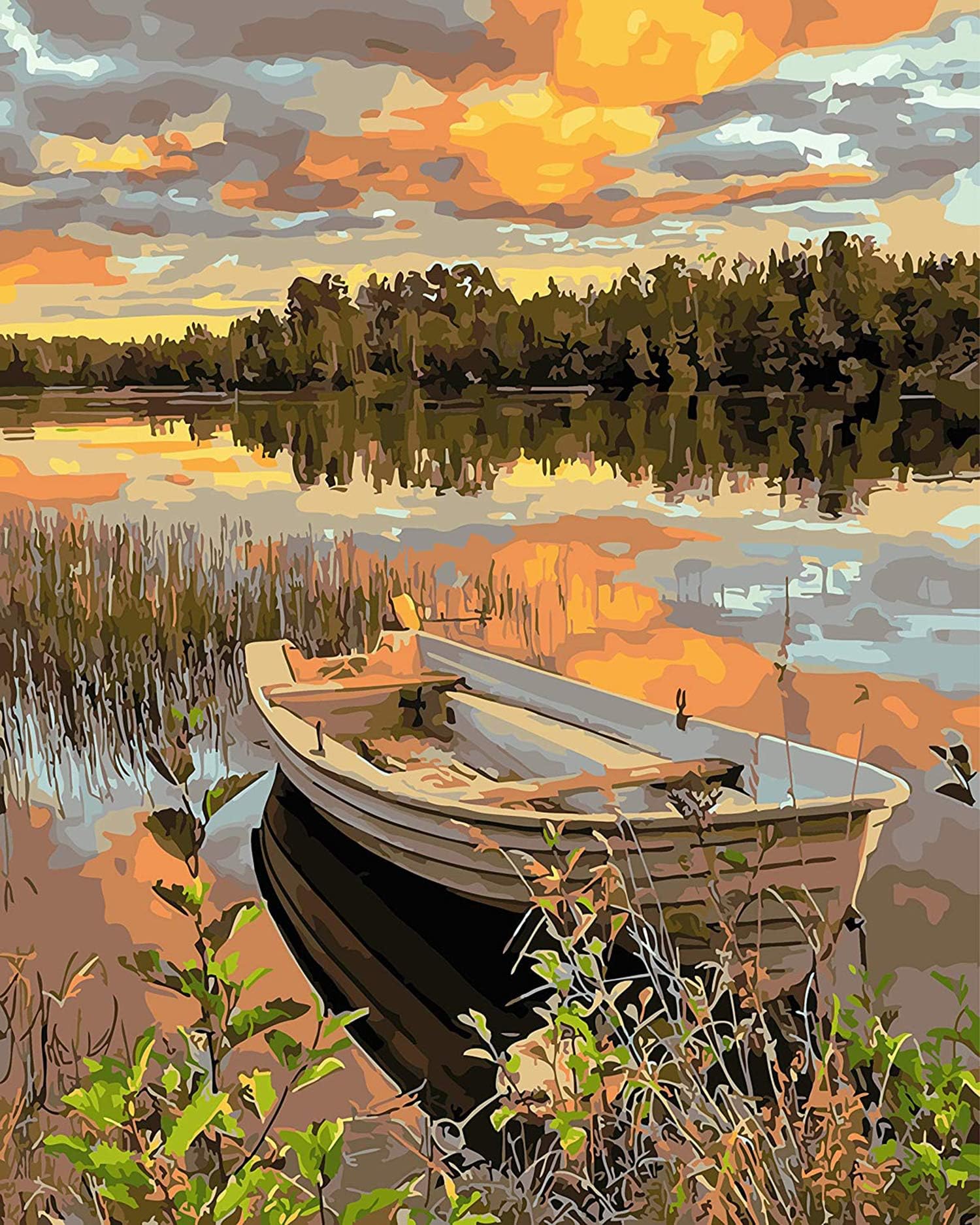 DELFINO DIY Oil Painting Paint by Numbers Kits for Adult Paint Color According to The Numbers on The Canvas 16x20 inch -Lakeside Boat, Drawing with Brushes Christmas Decor (Without Frame)