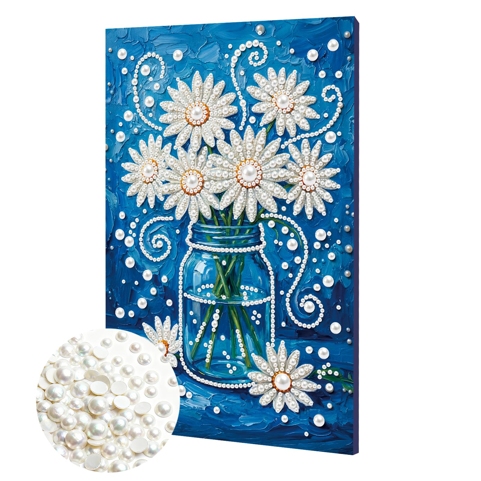 DIY Pearl Painting Kit with Wooden Frame, 3D Plastic Pearl Gemstone Ocean Art Craft for Adults Beginners, Diamond Dot Painting, Home Wall Decor Ready Gift for Women(Daisy Vase)(20 * 30cm)