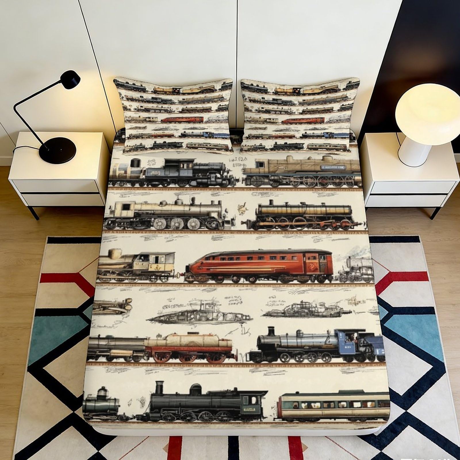 3D Printed Vintage Train Fitted Sheet Microfiber Soft Breathable Steam Locomotive Mattress Cover Bedroom Decor 90x200x25cm