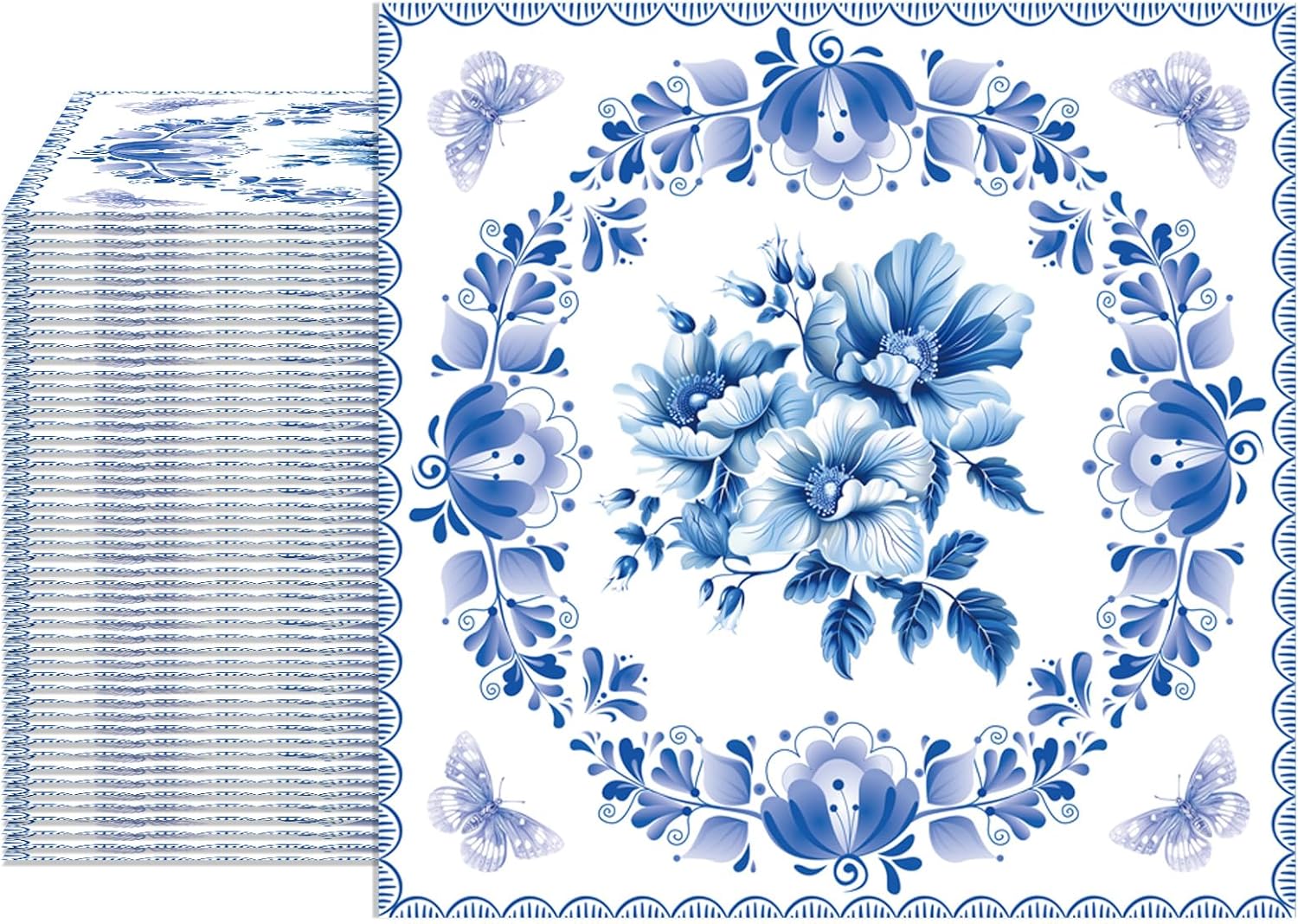 40pcs Blue Floral Napkins - Vintage Blue and White Porcelain Disposable Cocktail Beverage Paper Napkins for Wedding, Holiday, Birthday, Bridal/Baby Shower & Tea Party Supplies 6.5 X 6.5 inches