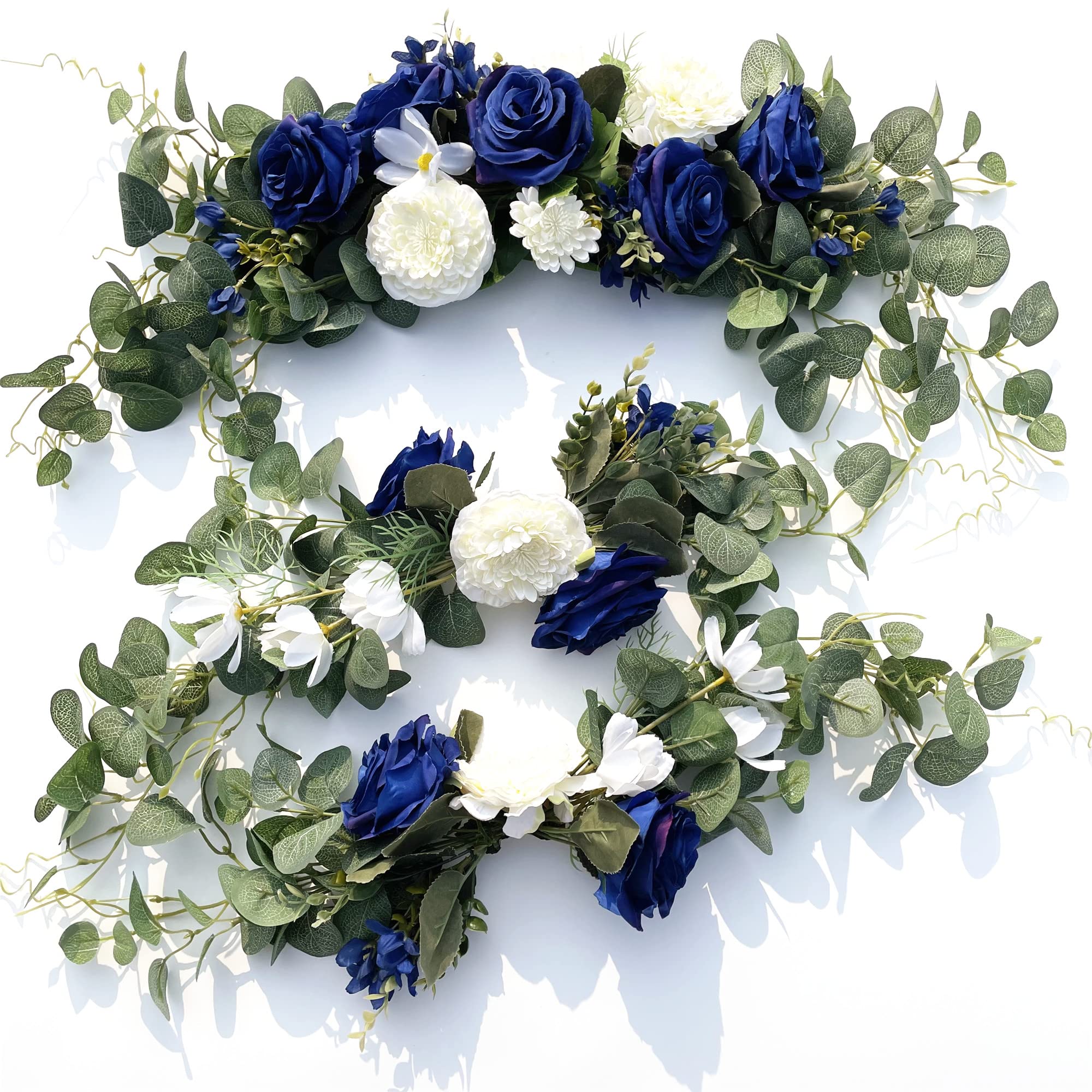 H&S BRIDAL Hochzeitsbogenblumen, 3-teiliges Set, weiße Rosen, dekorative Blumengirlanden, künstliche grüne Eukalyptusblätter für durchsichtige Vorhänge, Hochzeitsstuhl, Laube, Hochzeitszeremonie und