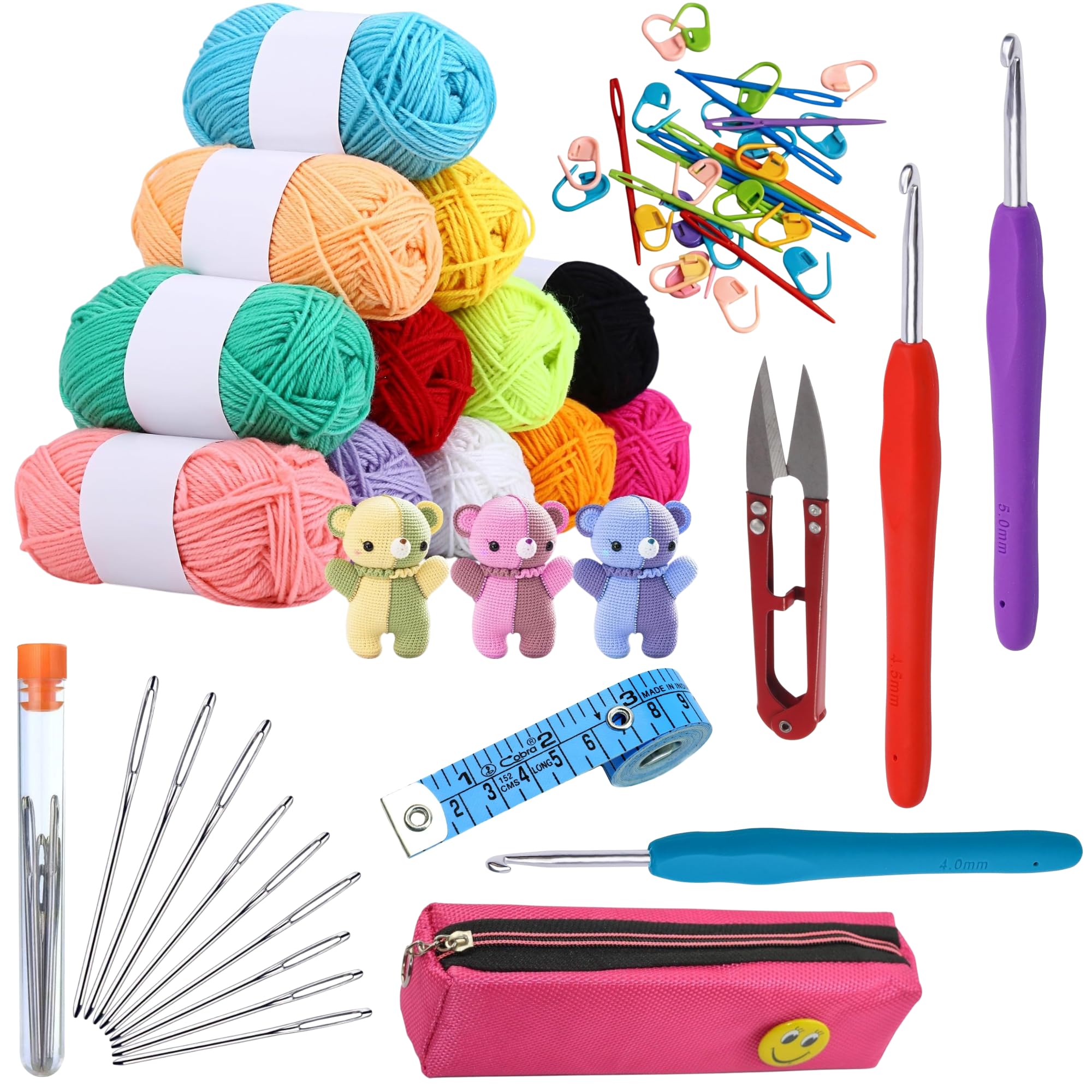Complete Crochet Starter Kit with Colorful Wool Yarn Balls, Hooks, Steel Knitting Needles, Stitch Markers, Thread Snips, Measuring Tape and Storage Pouch-image-13