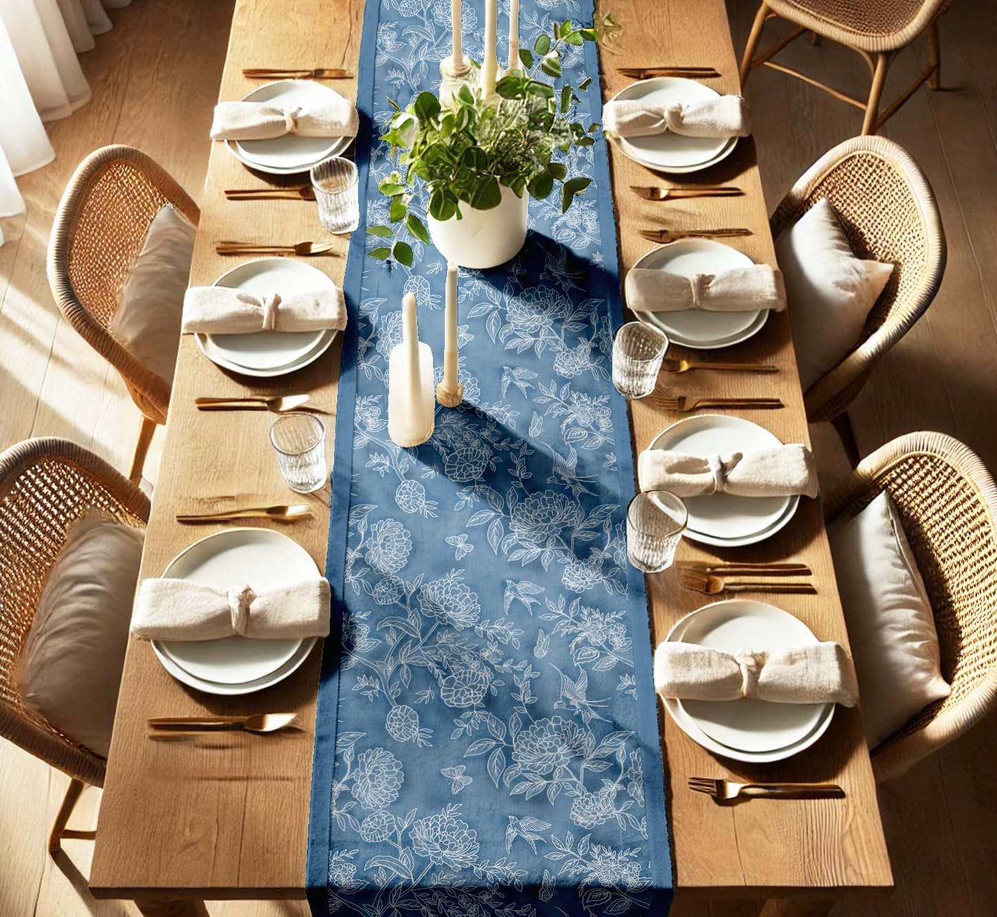 Decorative Table Runner - Double-Layered Cotton - 14 x 90 Inch with Elegant Border - Durable, Eco-Friendly - for Rustic, Boho & Modern Décor - Floral