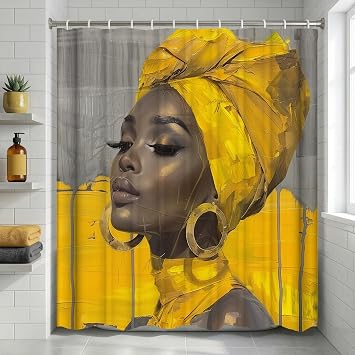 Golden African Women Art Shower Curtain Set, Grey Yellow Fabric | Fashion, African art Bathroom Decoration, Polyester Fiber, Vivid Printing, 70 x 70 inches, including 12 hooks