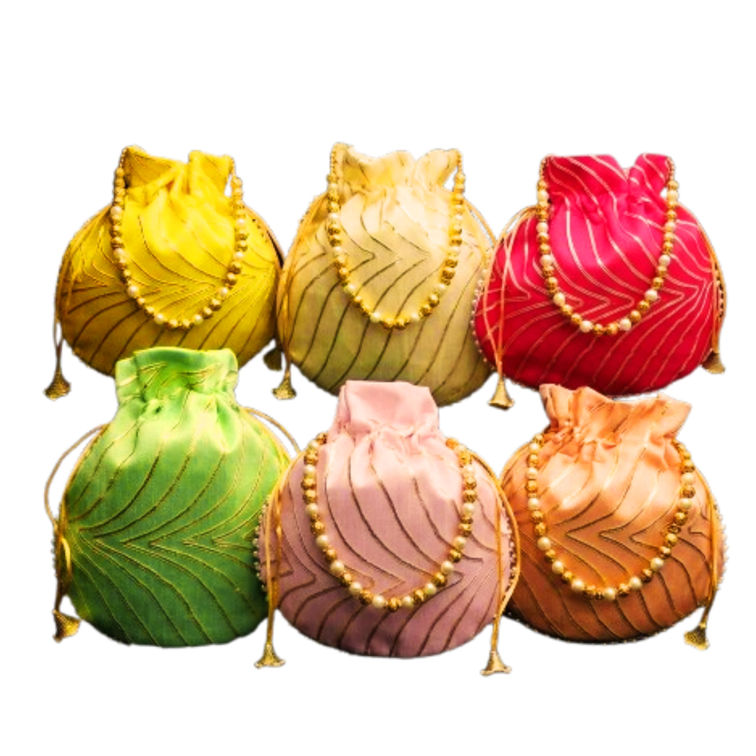 Chevron Pattern Potle Bag for Women, Traditional Indian Drawstring Handbag, Gold Embroidery, Wedding, Multicolor, (Pack of 6)-image-44