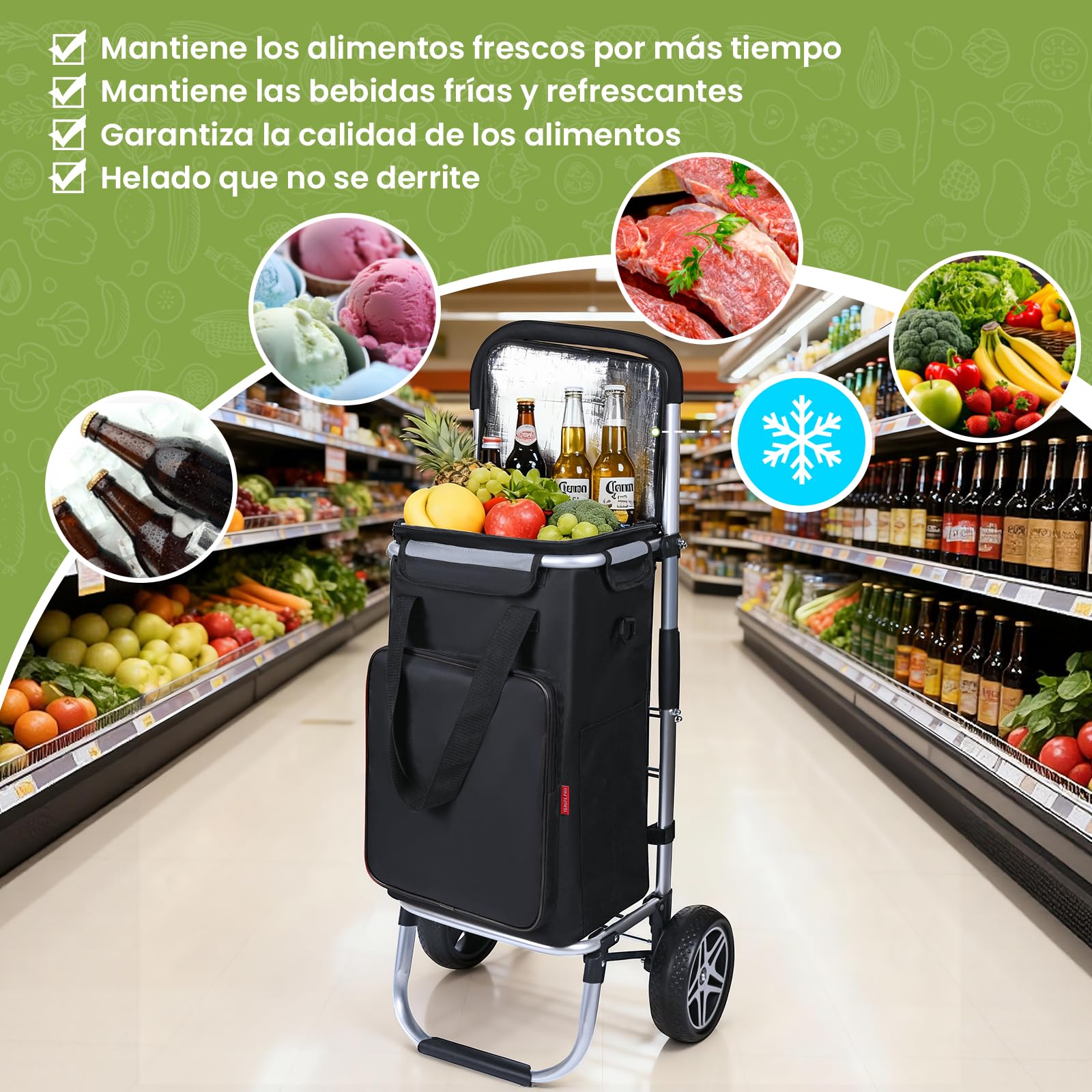 YEAUPE PRO Carro de la Compra, MAX 50L de Capacidad - Carrito de 2 Ruedas, 3 en 1 con Bolsa Térmica Desmontable - para Compra Semanal, Picnic o Viaje - Negro