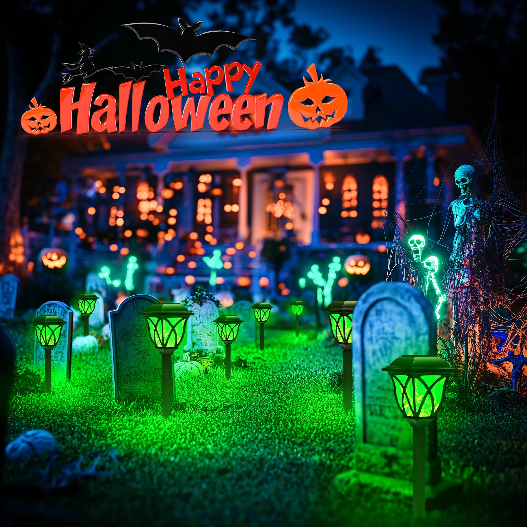 Halloween Decor Solar Lights Outdoor Waterproof, Fall Decor 8 Pack Green Flickering Flame LED Lights, Solar Garden Lights of Outdoor Decor for Porch, Garden, Pool, Camp, Path, Yard, Patio