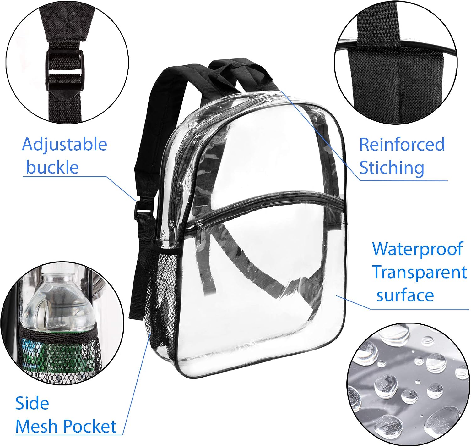 Clear See Through Transparent Backpack for BookBag, WorkBag, Daypack Easy Stadium Security Check Bag, Black Reinforced Adjustable shoulder straps for extra durability