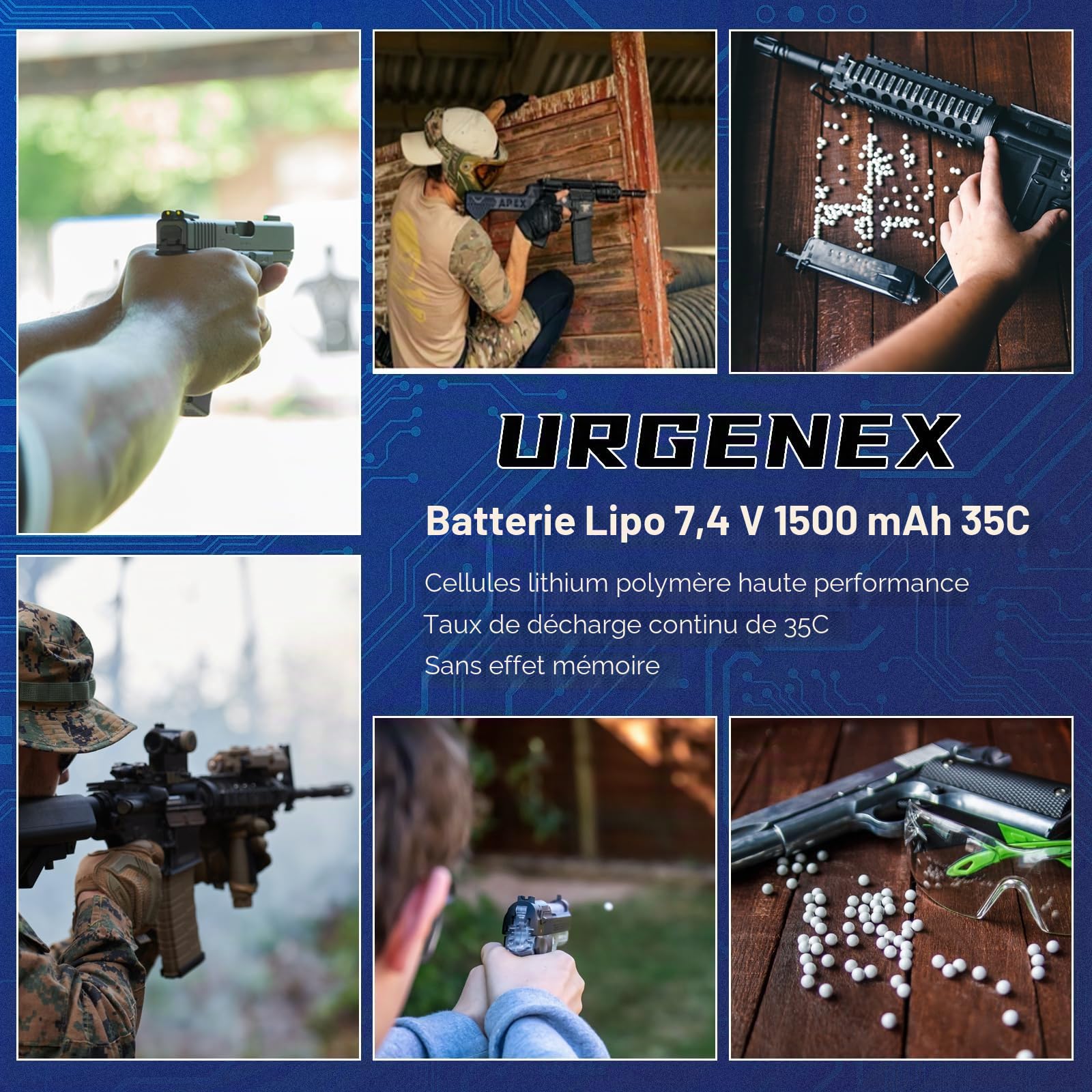 Pack de batterie Lipo Airsoft 7,4 V 1500 mAh 35 C à taux de décharge élevé avec mini prise rechargeable 2S pour pistolets modèles Airsoft