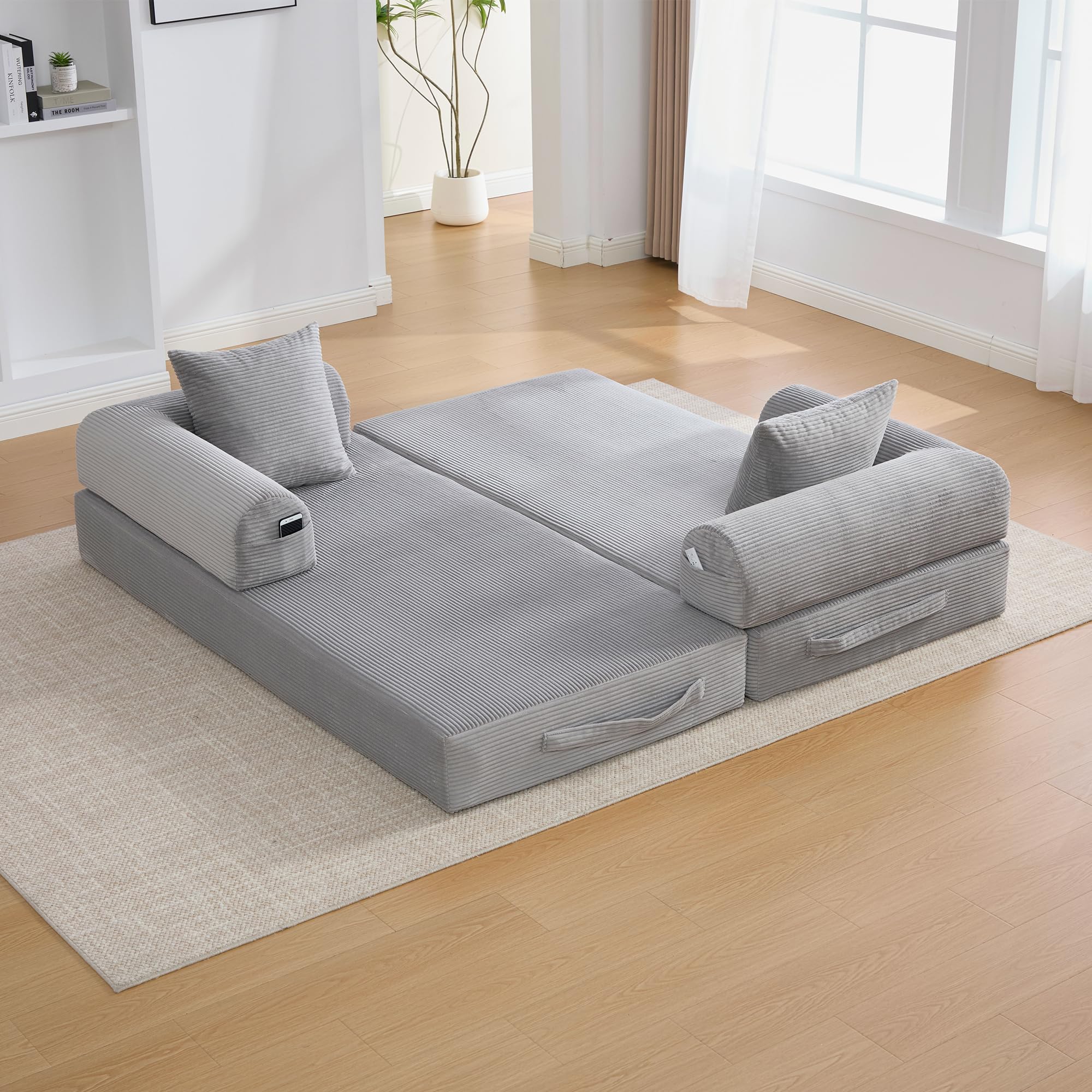 Sapgaks - Sofá convertible de 3 plazas con estructura de metal resistente, bolsillos laterales y 3 cojines, sofá modular de pana, se puede combinar libremente, sofá cama, gris claro