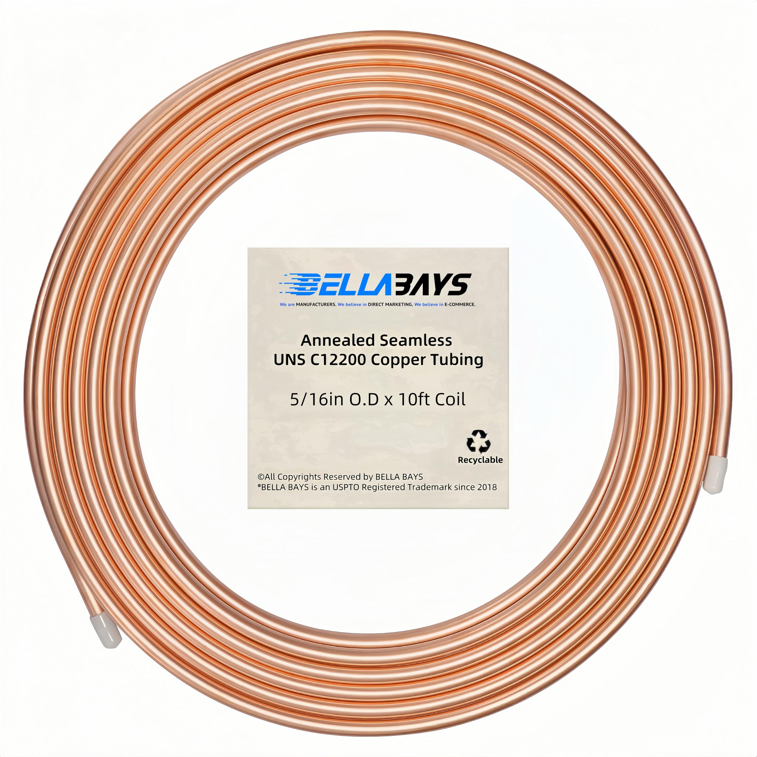 BELLA BAYS Copper Tubing 5/16" OD x 0.257" ID x 10 ft, 99.9% C12200 ASTM B280 Refrigeration ACR Tubing Seamless Soft Coil Round T2 Pure Copper Tube