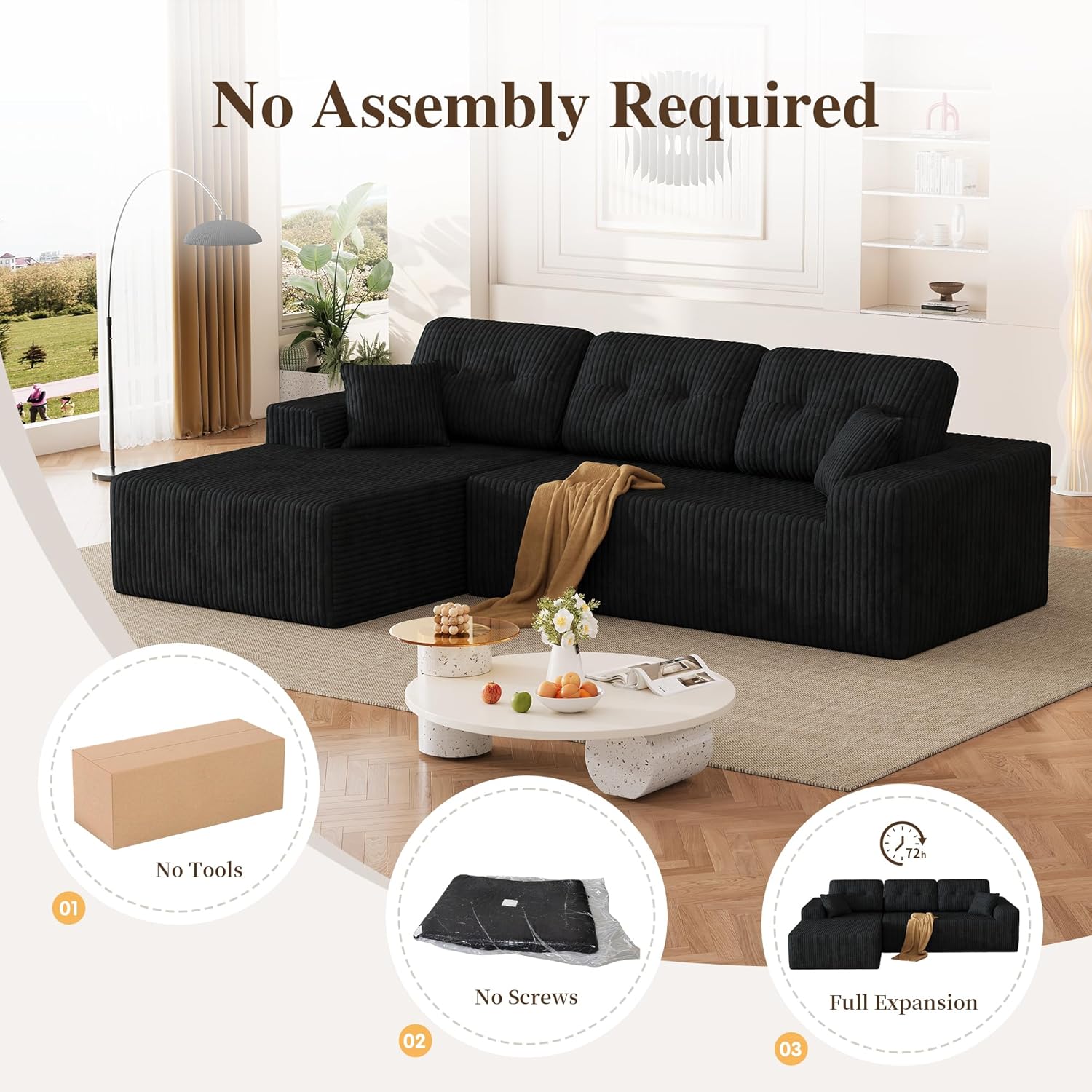 Ball & Cast 106" Cloud Sectional Couch, Compressed L-Shaped Sofa with Deep Seat Chaise, Boneless No Assembly Modular Couch, Foam & Spring Support, 2 Boxes (Right Facing, Corduroy Black)