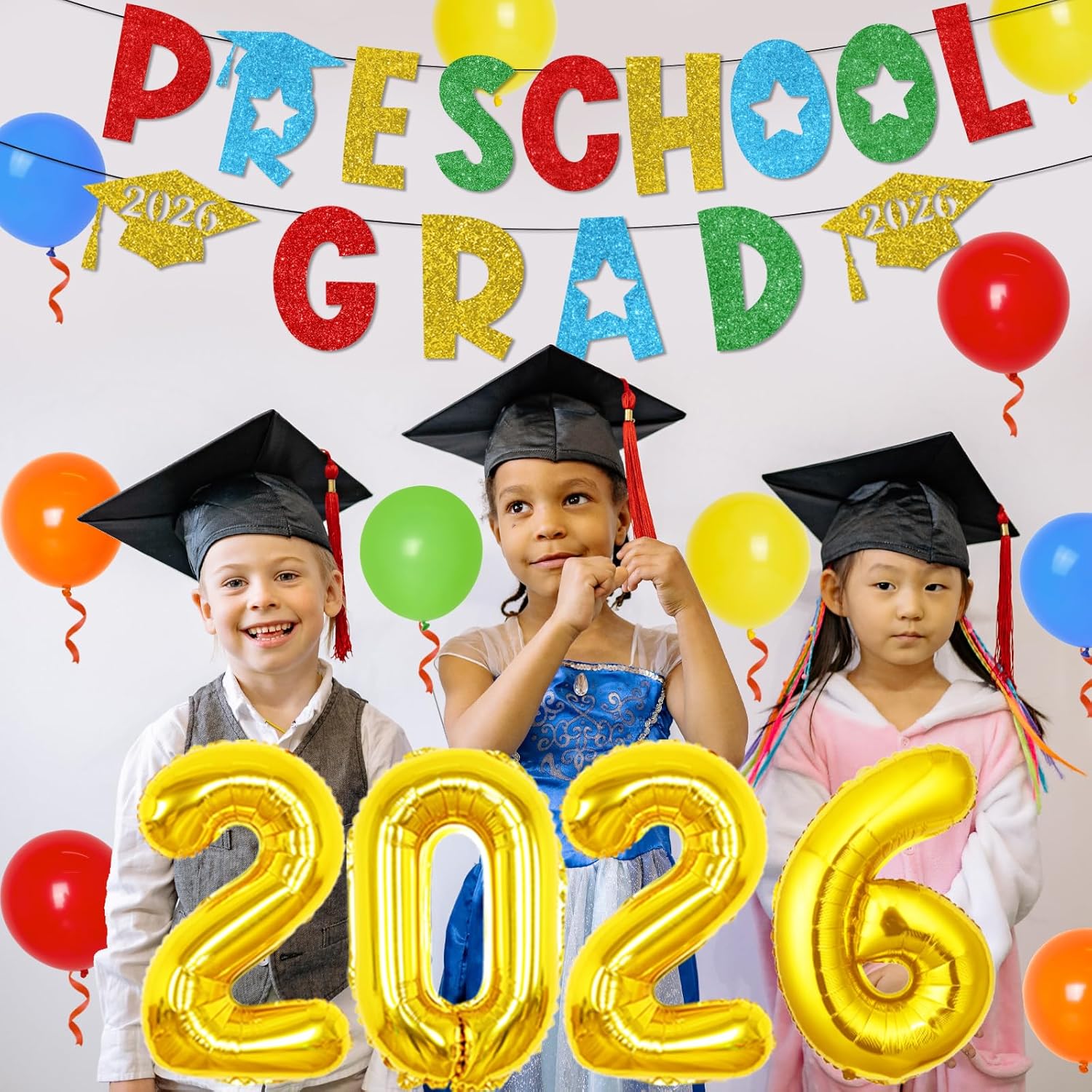Preschool Graduation Decorations 2026 Congrats Grad Party Supplies with Preschool Grad Banner Cake Toppers Pre K Graduation Balloon for Preschool Grad Party Decor