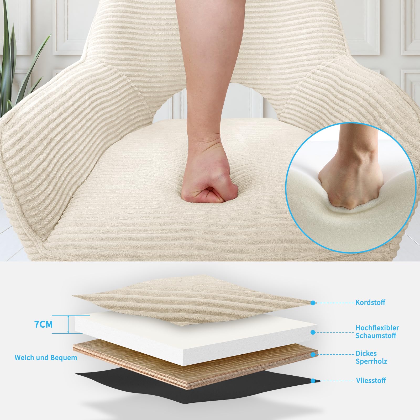 JIJIAN 1er Set Esszimmerstuhl Drehbar mit Armlehne, Drehbar 360°, Küchenstuhl, Moderner Polsterstuhl mit Stoffrückenlehne für Küche, Esszimmer, Schlafzimmer, Beige