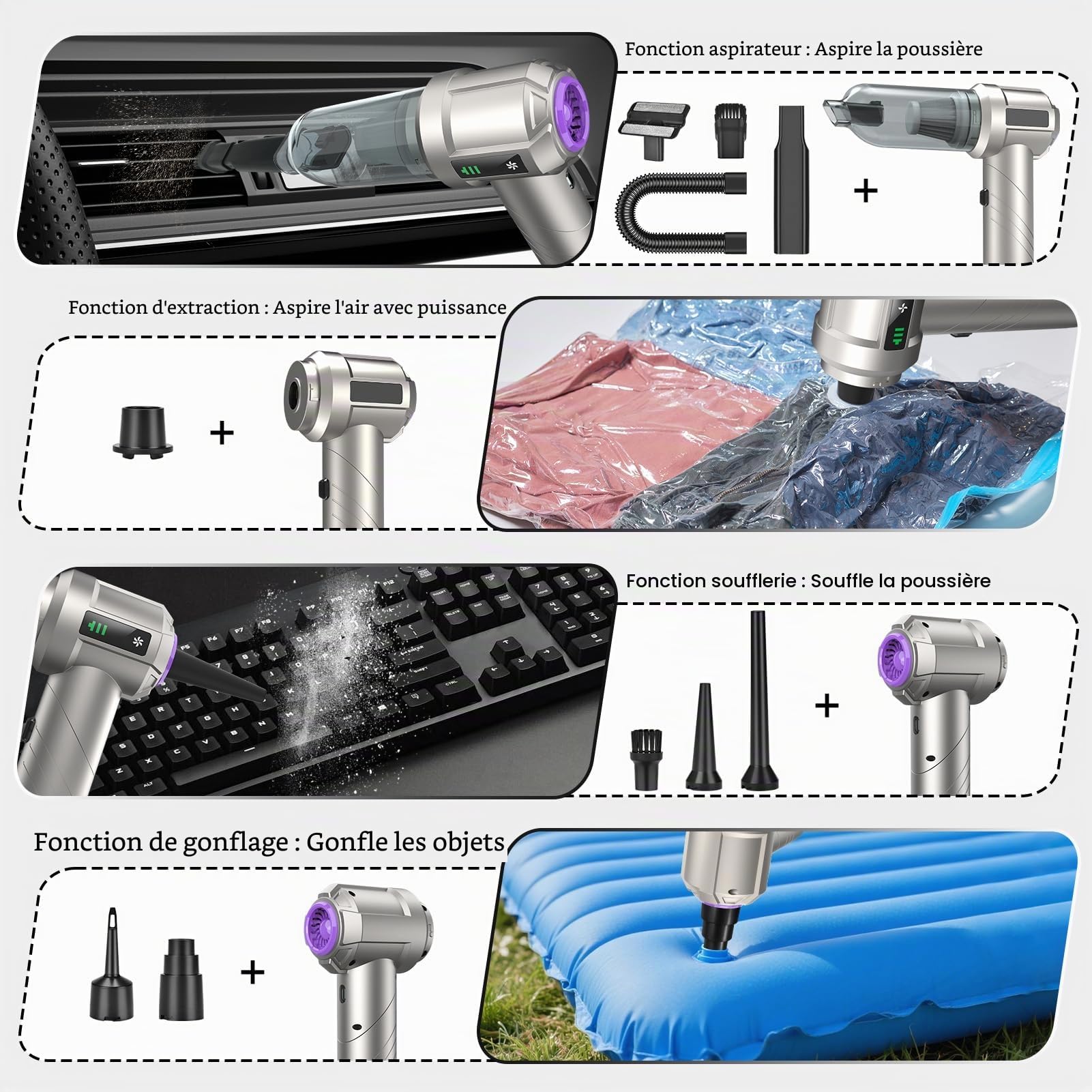 Fuqiduo Aspirateur Balai Main sans Fil, Aspirateur de Voiture Puissant avec Moteur sans Balais, 22000Pa, avec 3 Filtres HEPA, 2-en-1 Mini Aspirateur pour Voiture, Poils d'animaux et Nettoyage PC