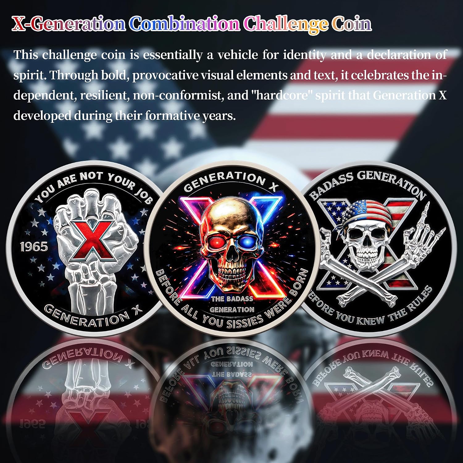 GEN X Skull Challenge Coin, Vintage Skeleton Design Collectible Coin, The Ultimate Tribute to Gen X, Novelty Gag Gift for Men & Women (3Pcs) image 2