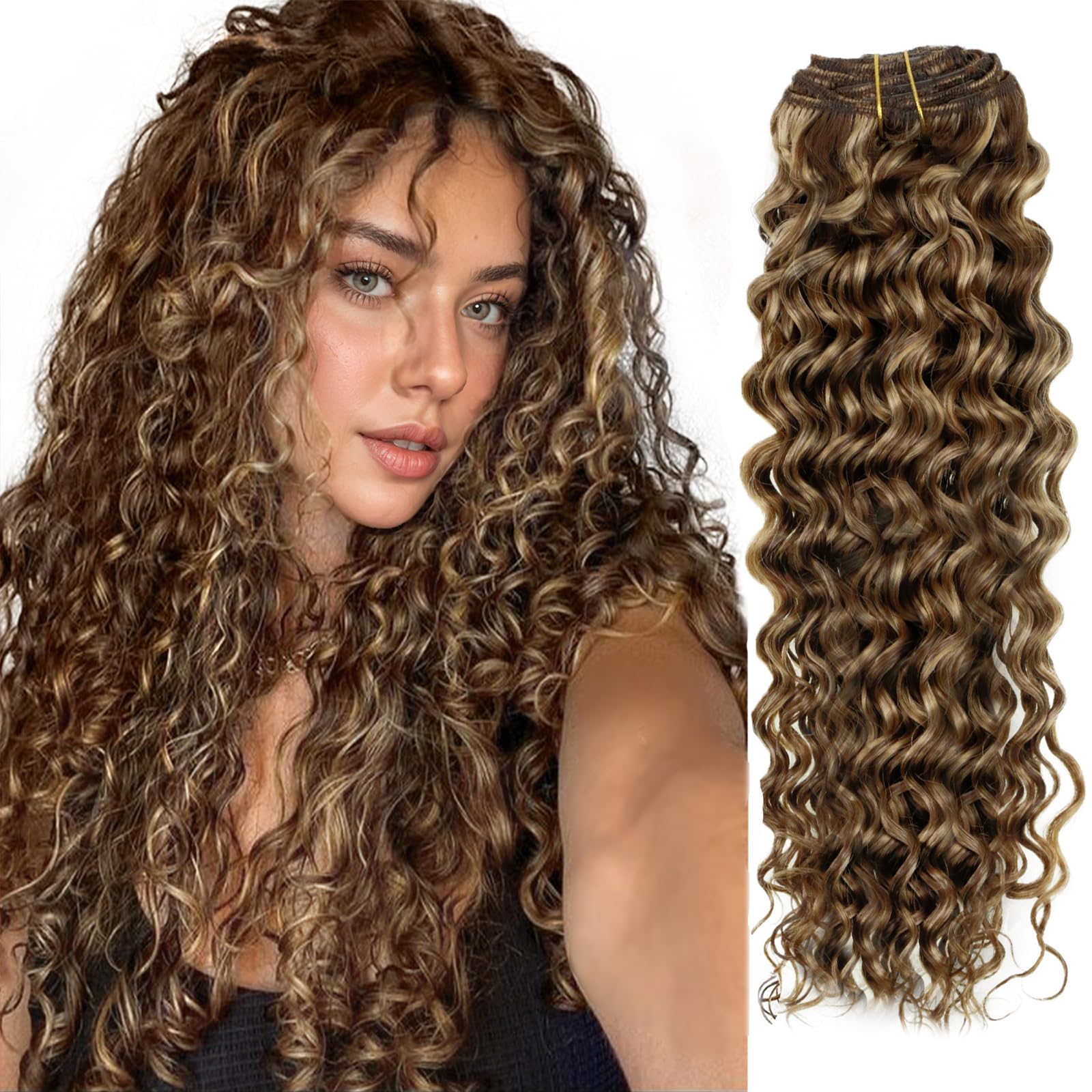 Hetto Curly Hair Extensions Clip in Human Hair Deep Wavy Clip in Hair Extensions Human Hair 20Inch #P4/27 Brown Highlighted Blonde Curly Hair Extension 7Pcs 120g