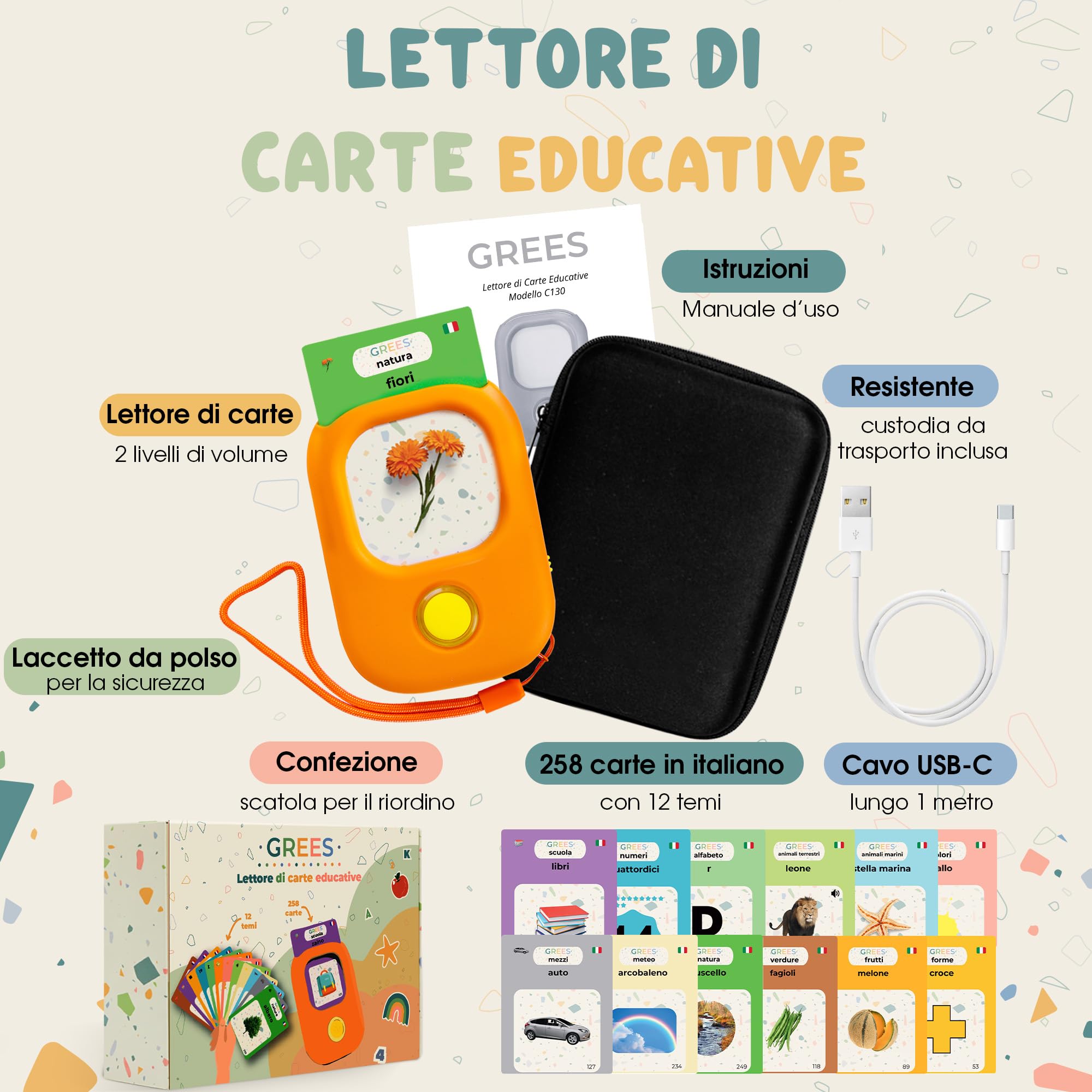 GREES Lettore Carte Educative Parlanti con Borsa | Flash Cards 258 Parole Italiano, 12 Temi | Giocattoli Montessori Senza Schermo Bambini 2-7 Anni | Linguaggio, Logopedia, Autismo | Regalo Compleanno