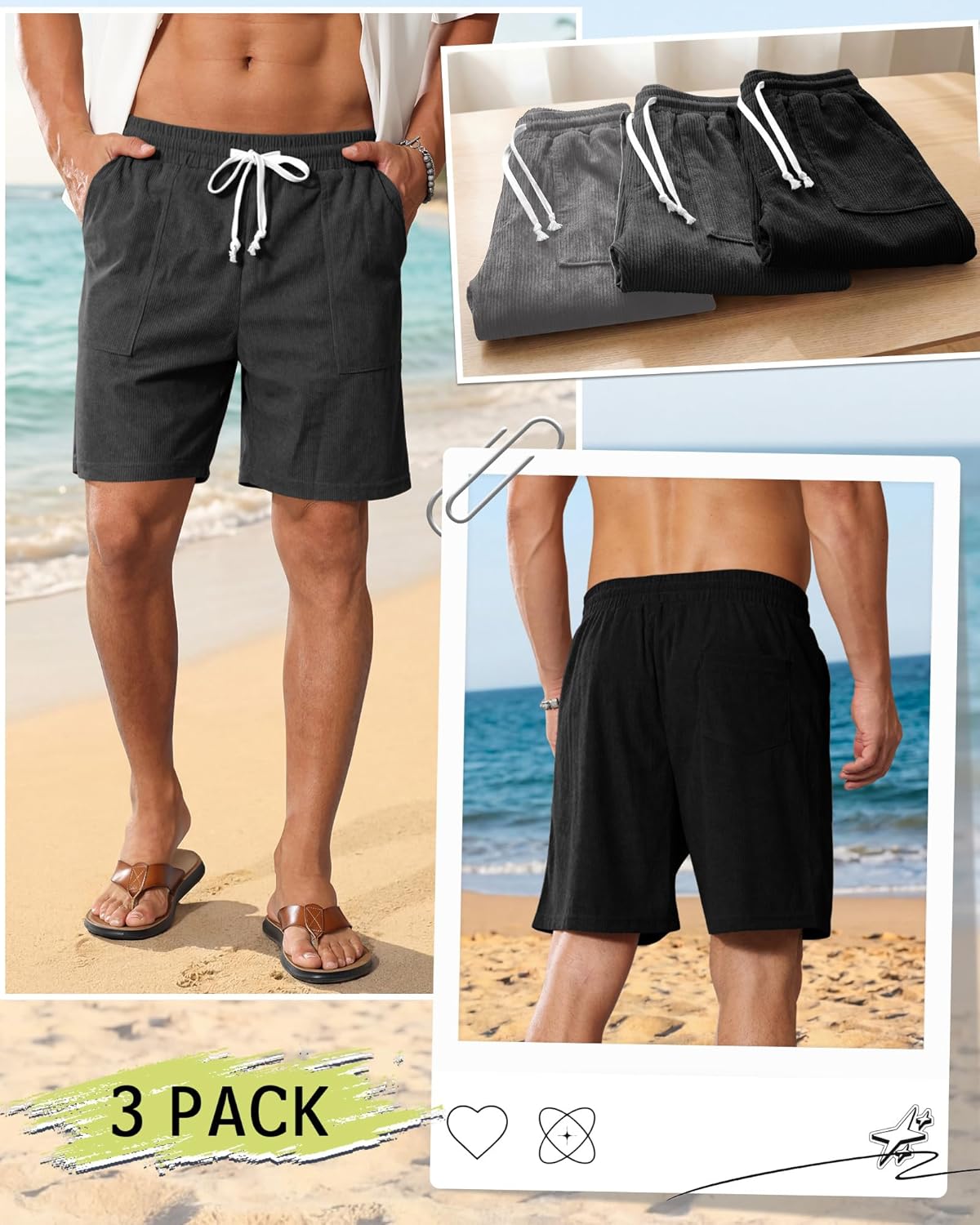 3 Pack Men's Shorts 7 Inch Corduroy Baggy Sweatshorts Casual Loose Elastic Drawstring Pocket Lightweight Shorts - Image 6